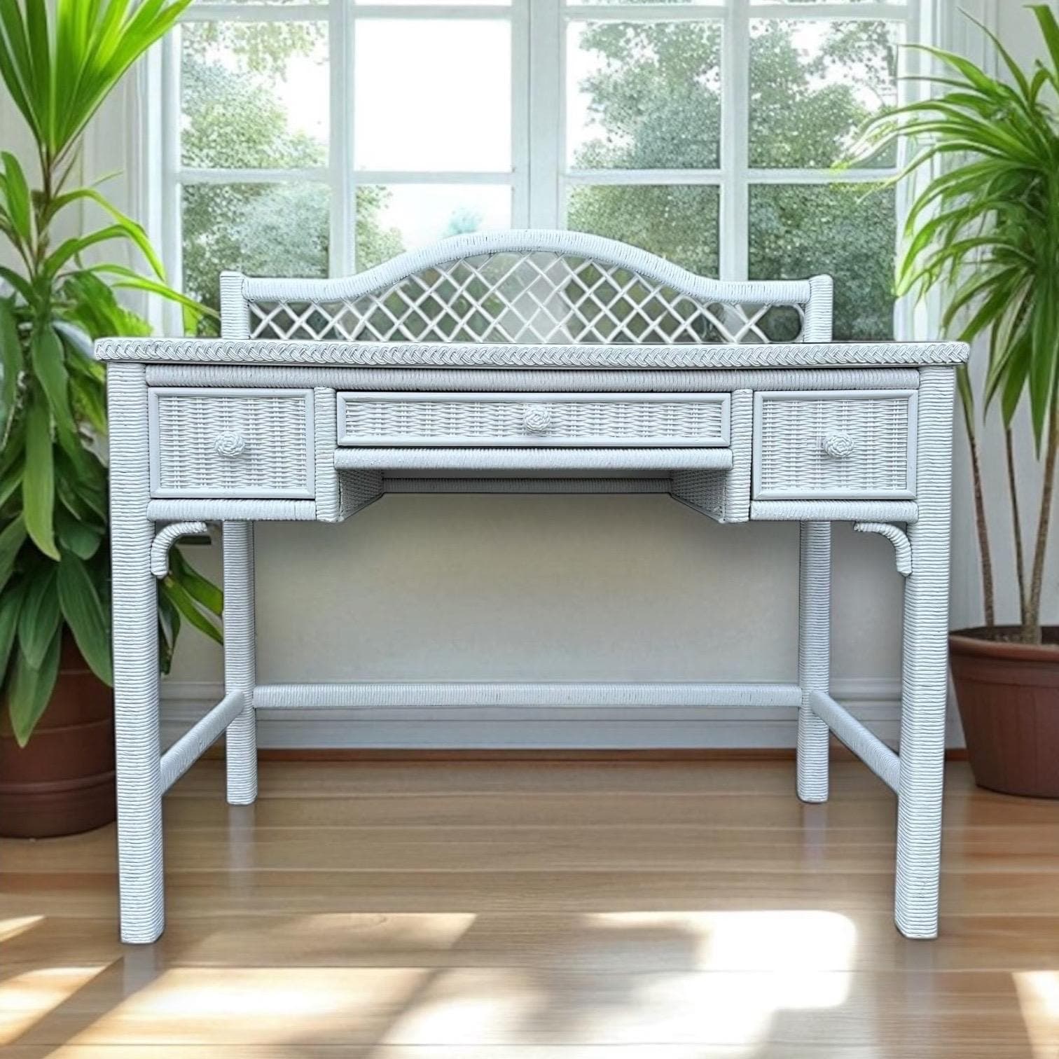 White Rattan Desk by Henry Link Wicker 42” Vintage Glass Table Top Small Vanity - Coastal Hollywood Regency Boho Chic Style Furniture - Image 1