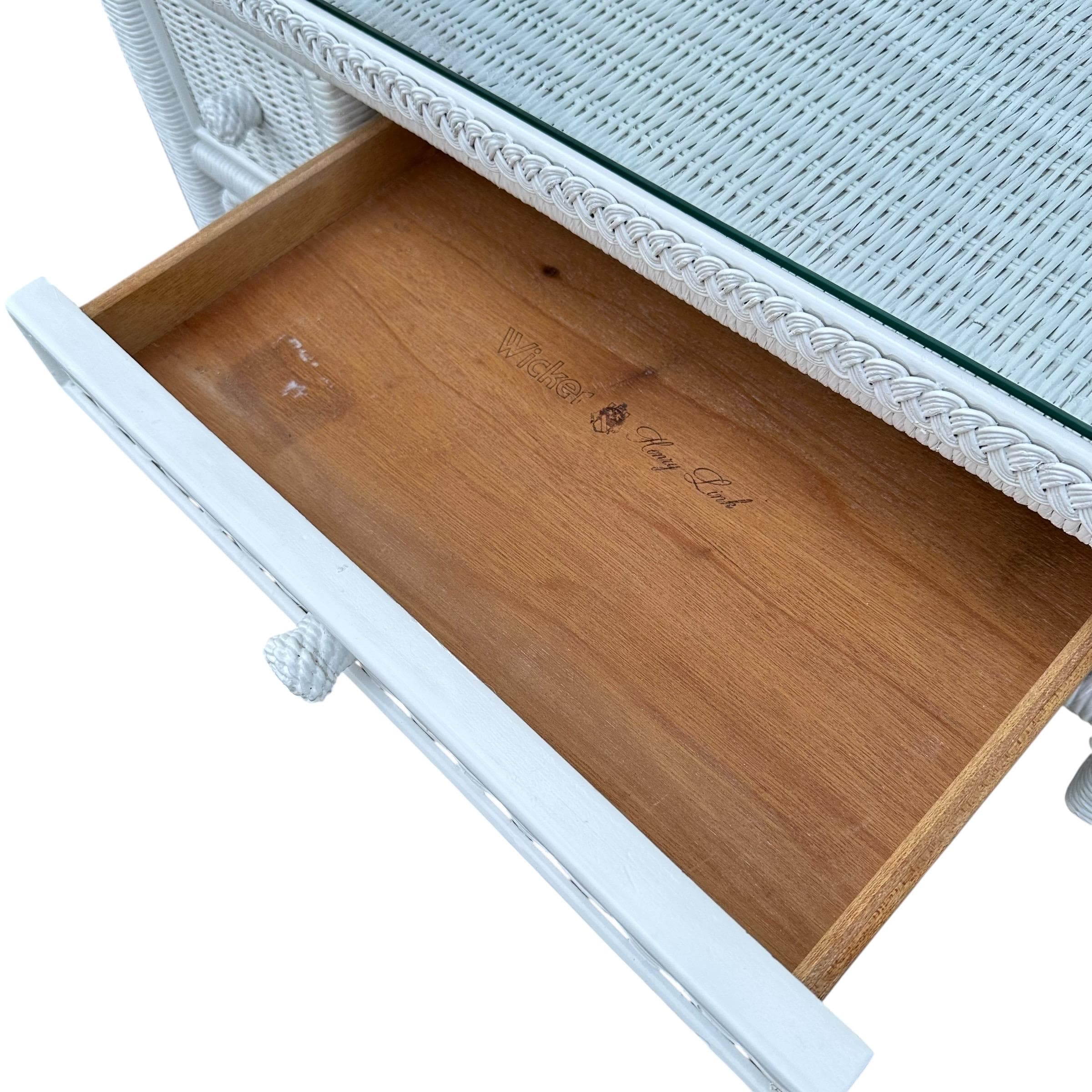 White Rattan Desk by Henry Link Wicker 42” Vintage Glass Table Top Small Vanity - Coastal Hollywood Regency Boho Chic Style Furniture - Thumbnail 5