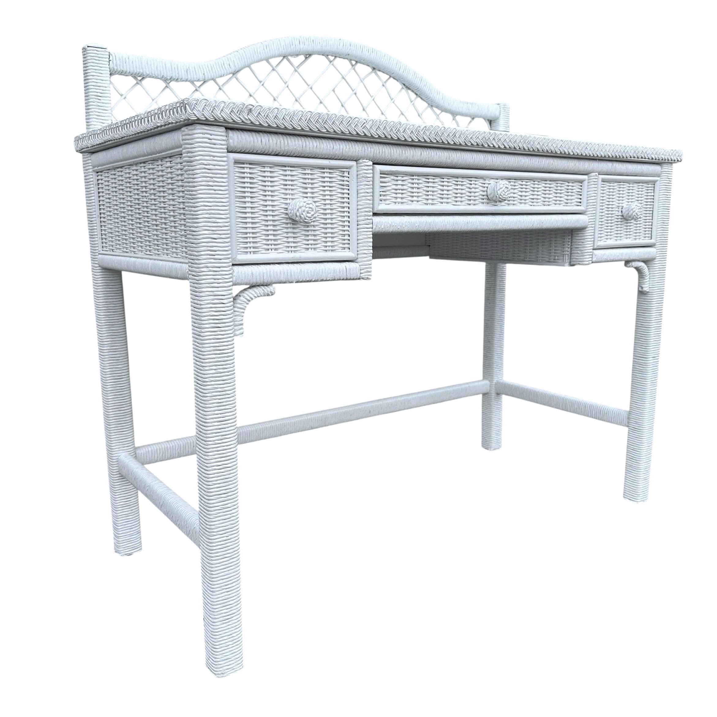 White Rattan Desk by Henry Link Wicker 42” Vintage Glass Table Top Small Vanity - Coastal Hollywood Regency Boho Chic Style Furniture - Thumbnail 3