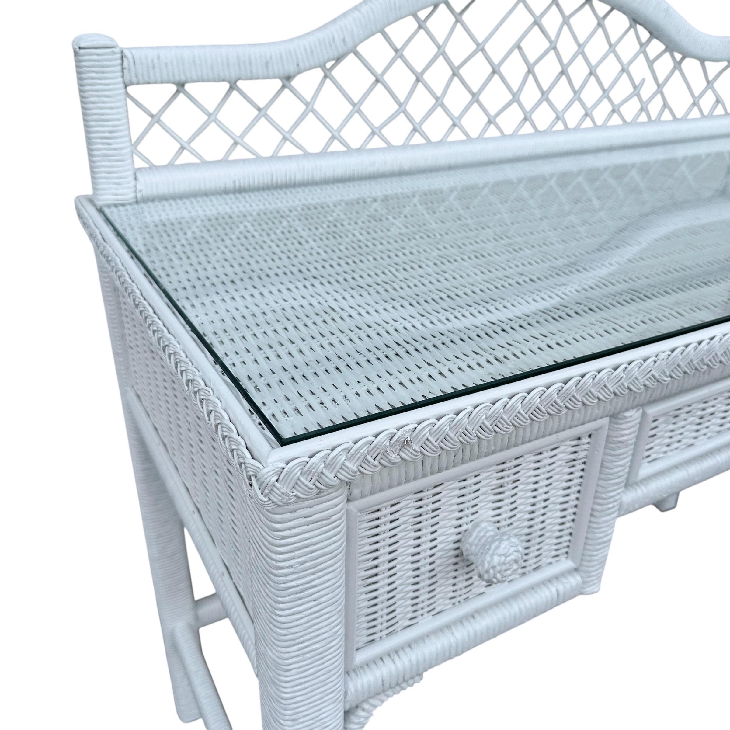 White Rattan Desk by Henry Link Wicker 42” Vintage Glass Table Top Small Vanity - Coastal Hollywood Regency Boho Chic Style Furniture - Thumbnail 6