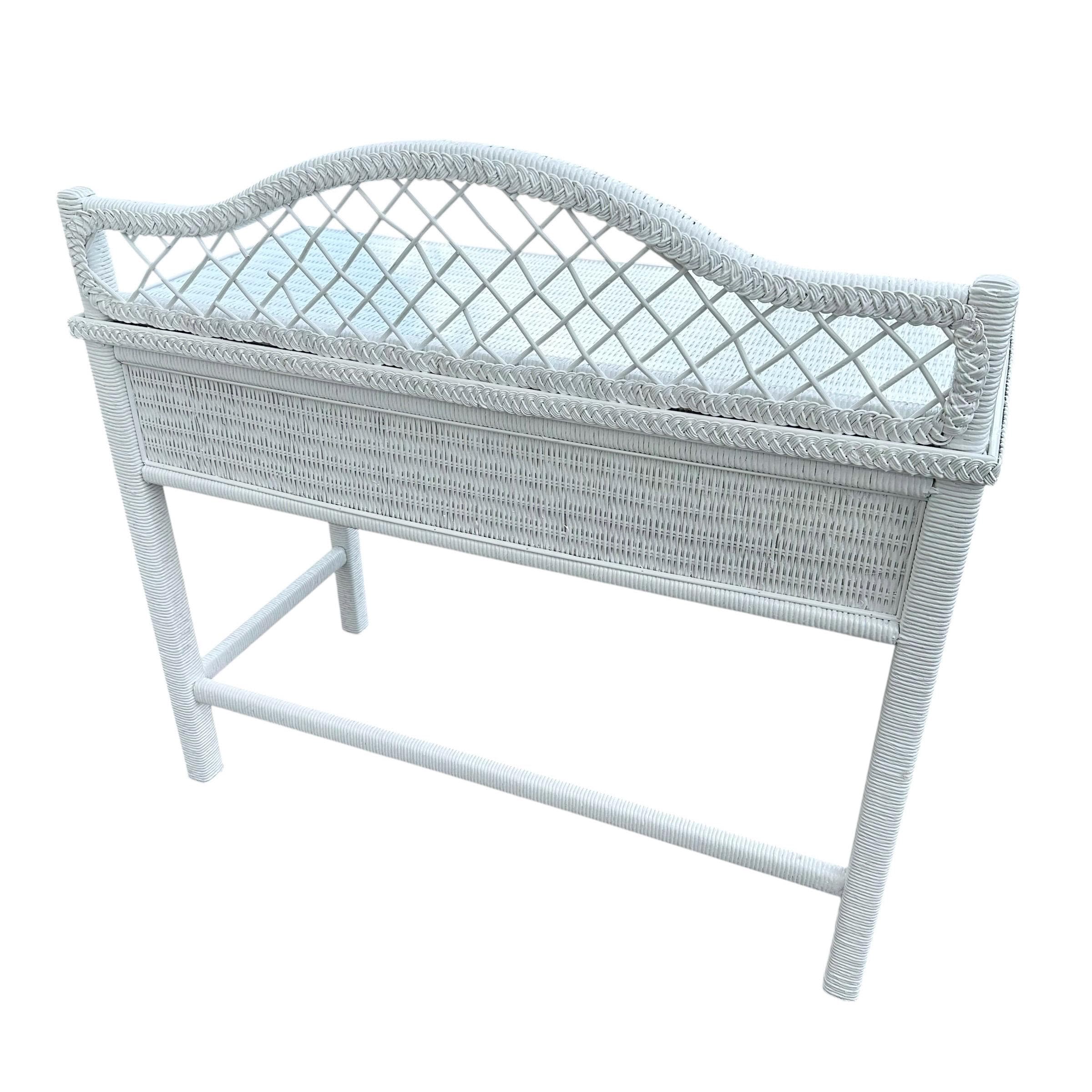 White Rattan Desk by Henry Link Wicker 42” Vintage Glass Table Top Small Vanity - Coastal Hollywood Regency Boho Chic Style Furniture - Thumbnail 9