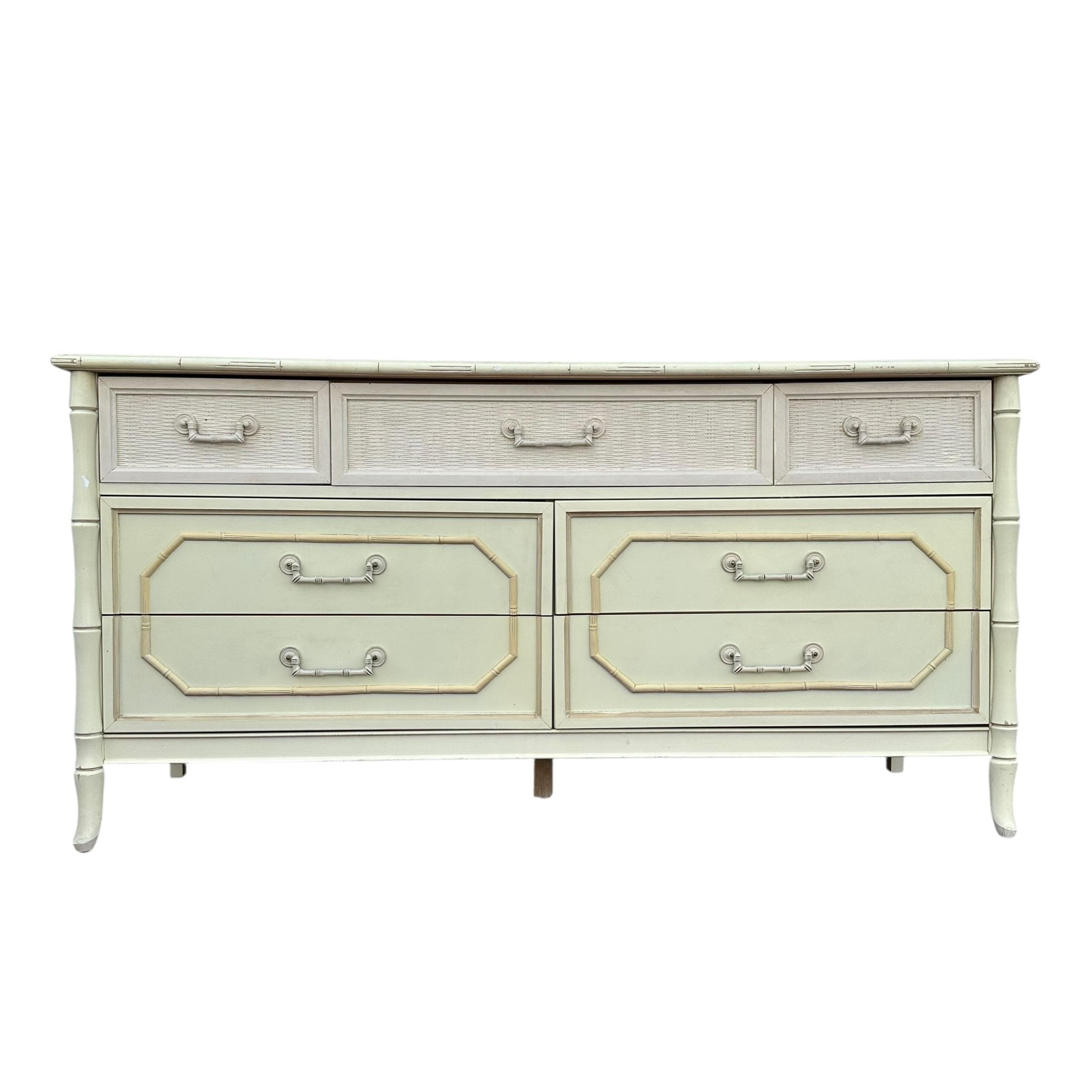 Vintage Broyhill Faux Bamboo Dresser 60" - Creamy White Hollywood Regency Coastal Bedroom Furniture - Image 1