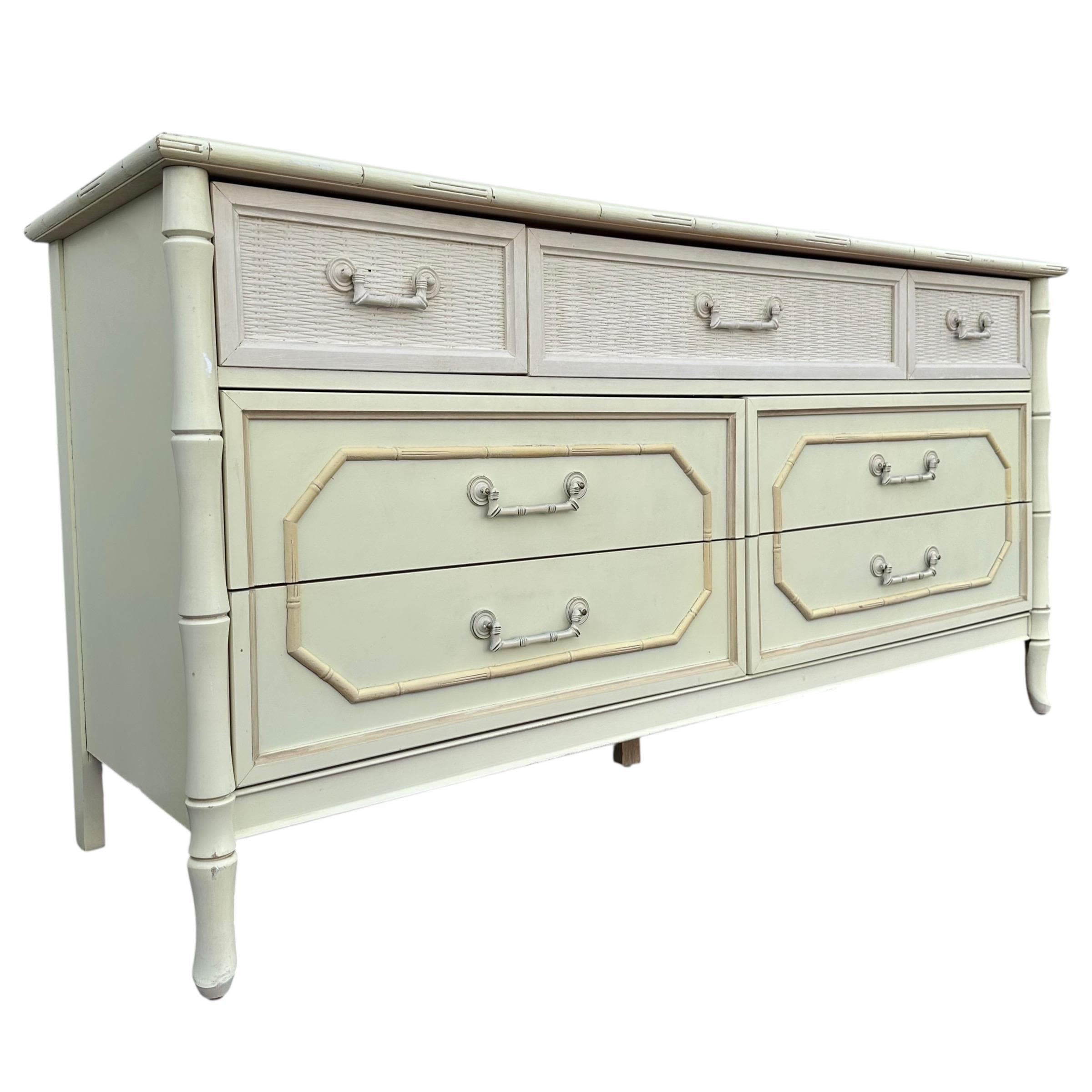 Vintage Broyhill Faux Bamboo Dresser 60" - Creamy White Hollywood Regency Coastal Bedroom Furniture - Thumbnail 2