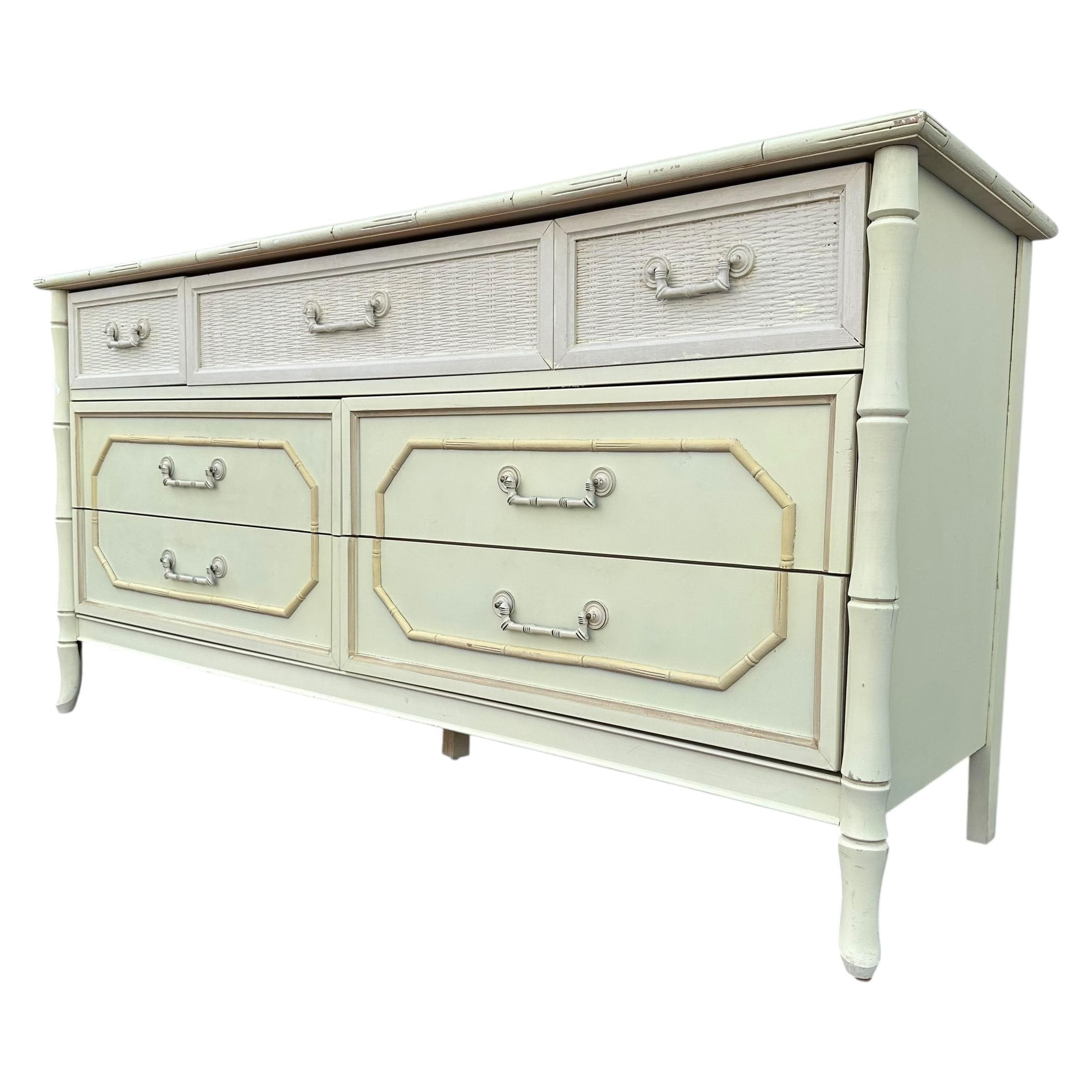 Vintage Broyhill Faux Bamboo Dresser 60" - Creamy White Hollywood Regency Coastal Bedroom Furniture - Thumbnail 9