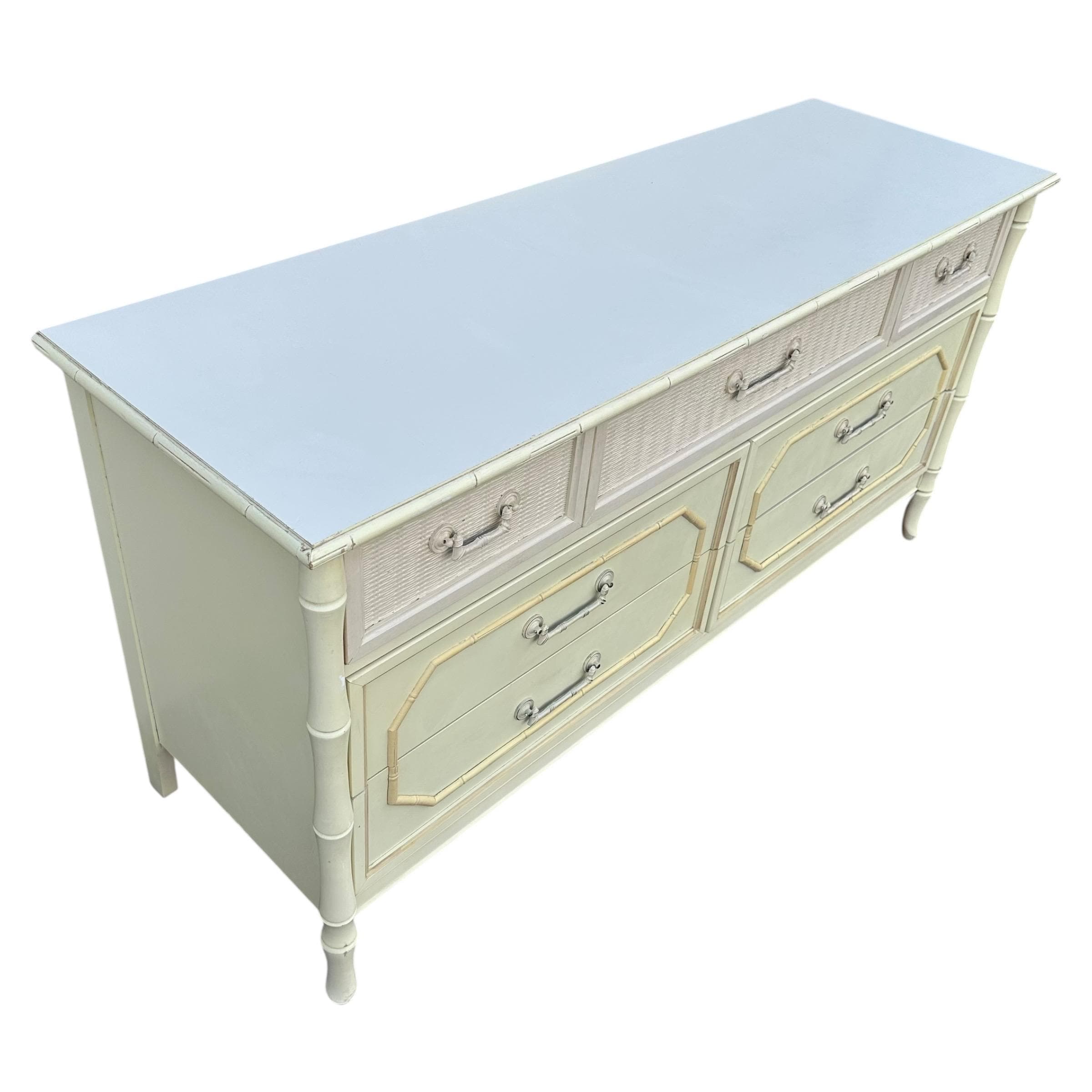 Vintage Broyhill Faux Bamboo Dresser 60" - Creamy White Hollywood Regency Coastal Bedroom Furniture - Thumbnail 8