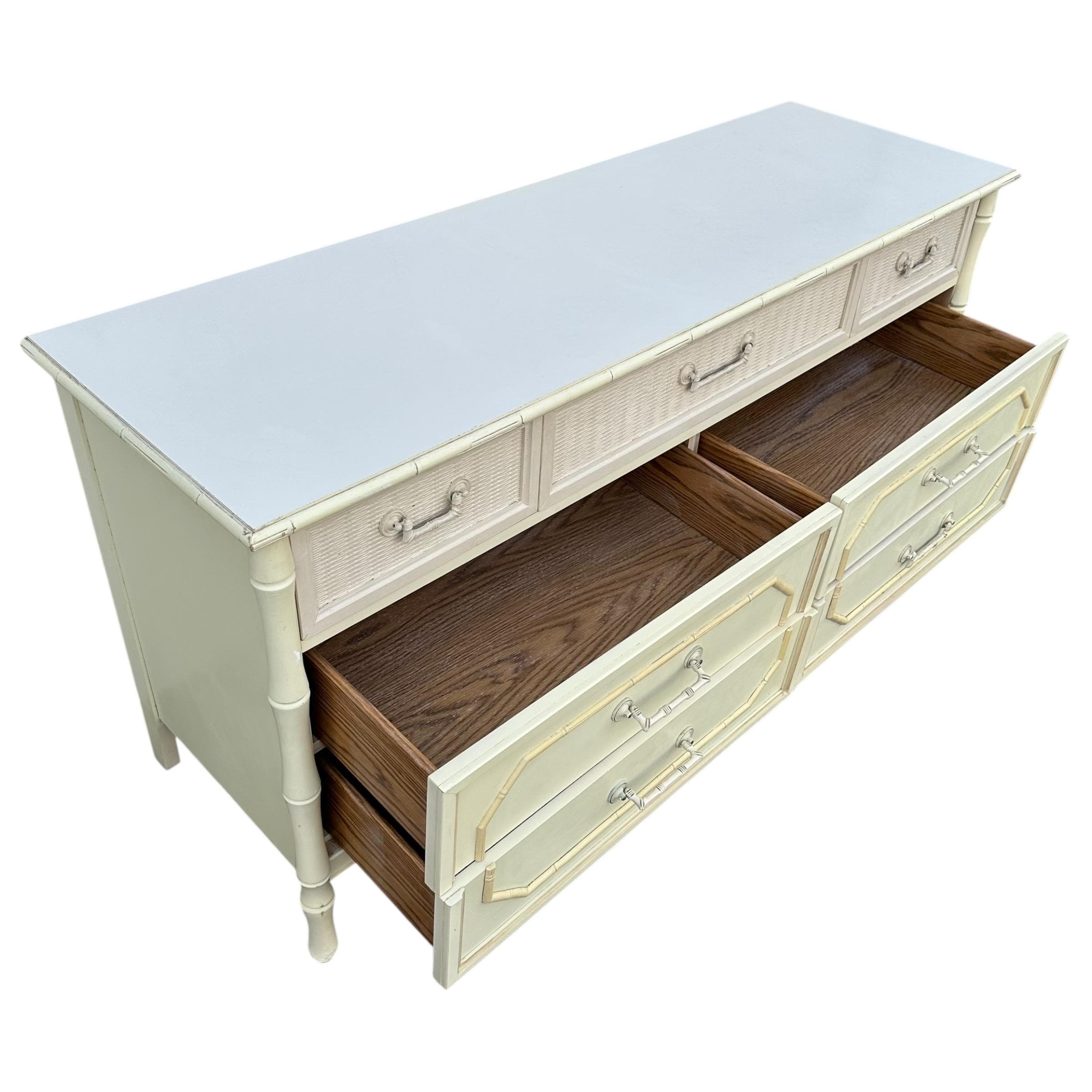 Vintage Broyhill Faux Bamboo Dresser 60" - Creamy White Hollywood Regency Coastal Bedroom Furniture - Thumbnail 4