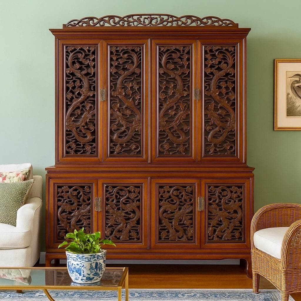 Vintage Rosewood China Cabinet - Hand Carved Fire Dragons, Asian Brass Hardware, Glass Doors, Oriental Display Hutch, Rare Chinese Furniture - Image 1