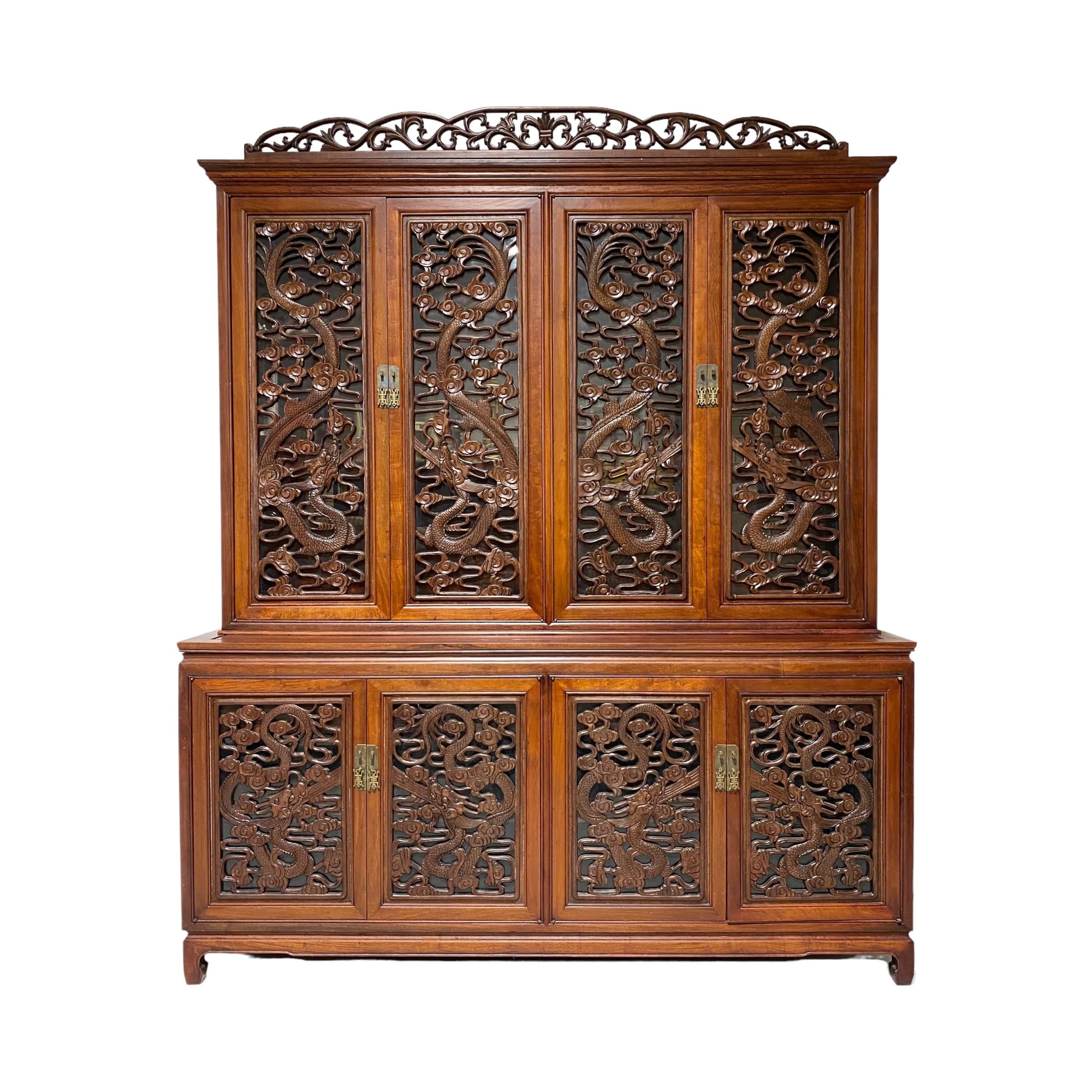Vintage Rosewood China Cabinet - Hand Carved Fire Dragons, Asian Brass Hardware, Glass Doors, Oriental Display Hutch, Rare Chinese Furniture - Thumbnail 2