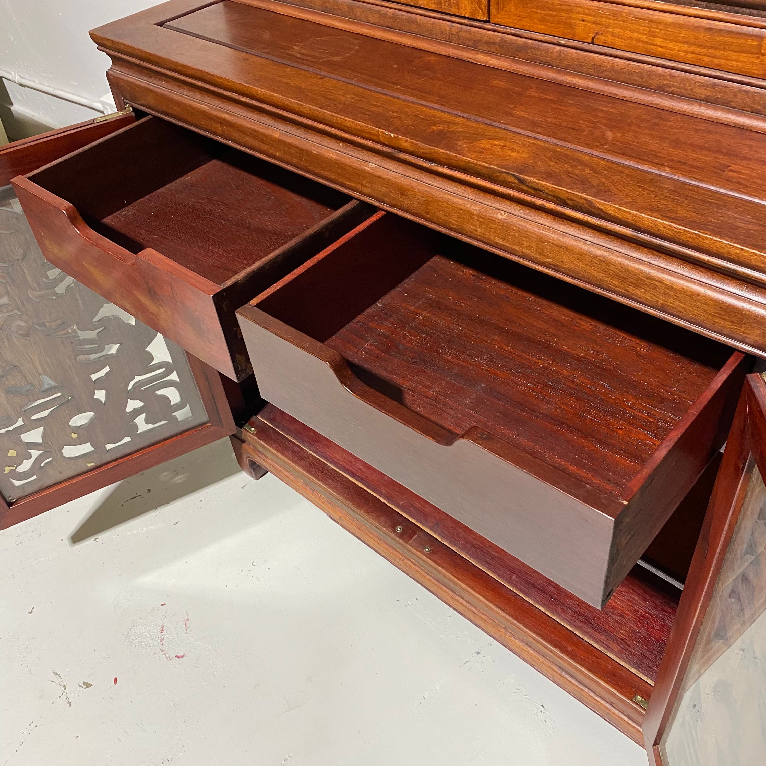 Vintage Rosewood China Cabinet - Hand Carved Fire Dragons, Asian Brass Hardware, Glass Doors, Oriental Display Hutch, Rare Chinese Furniture - Thumbnail 9