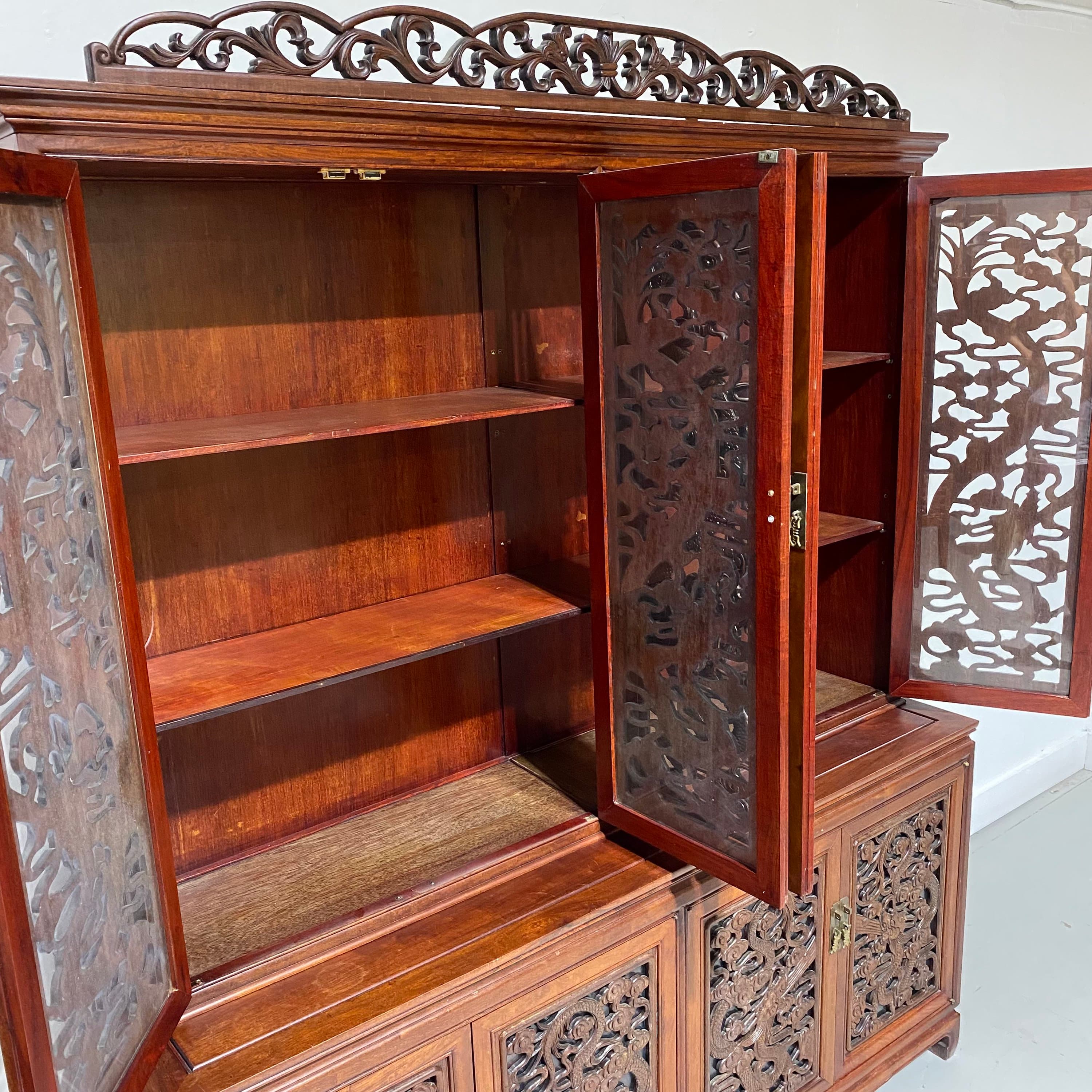 Vintage Rosewood China Cabinet - Hand Carved Fire Dragons, Asian Brass Hardware, Glass Doors, Oriental Display Hutch, Rare Chinese Furniture - Thumbnail 6