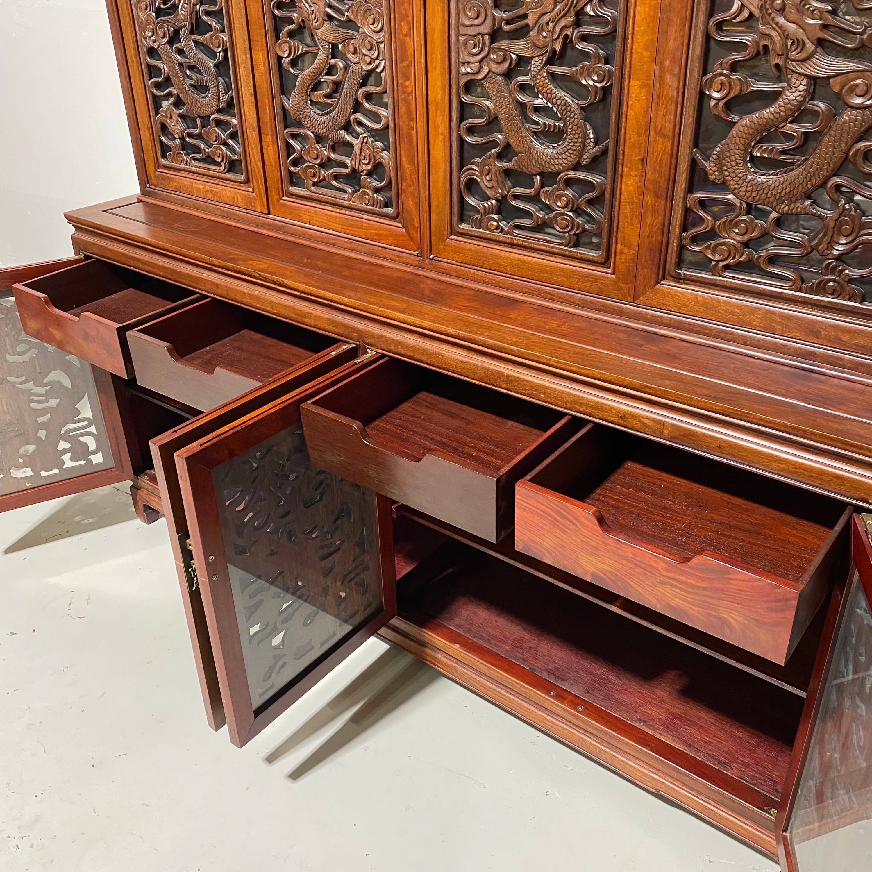 Vintage Rosewood China Cabinet - Hand Carved Fire Dragons, Asian Brass Hardware, Glass Doors, Oriental Display Hutch, Rare Chinese Furniture - Thumbnail 8