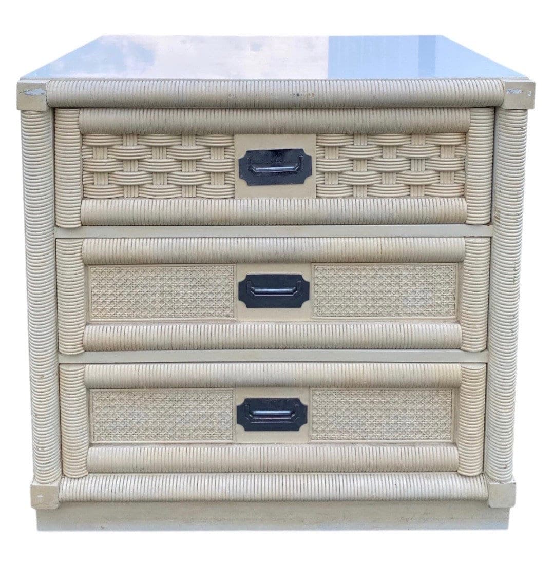 Rattan Nightstand by Dixie Wicker Weve with 3 Drawers 30" Tall - Vintage Creamy White Cane Coastal Bamboo Campaign Boho Chic Style Chest - Image 1