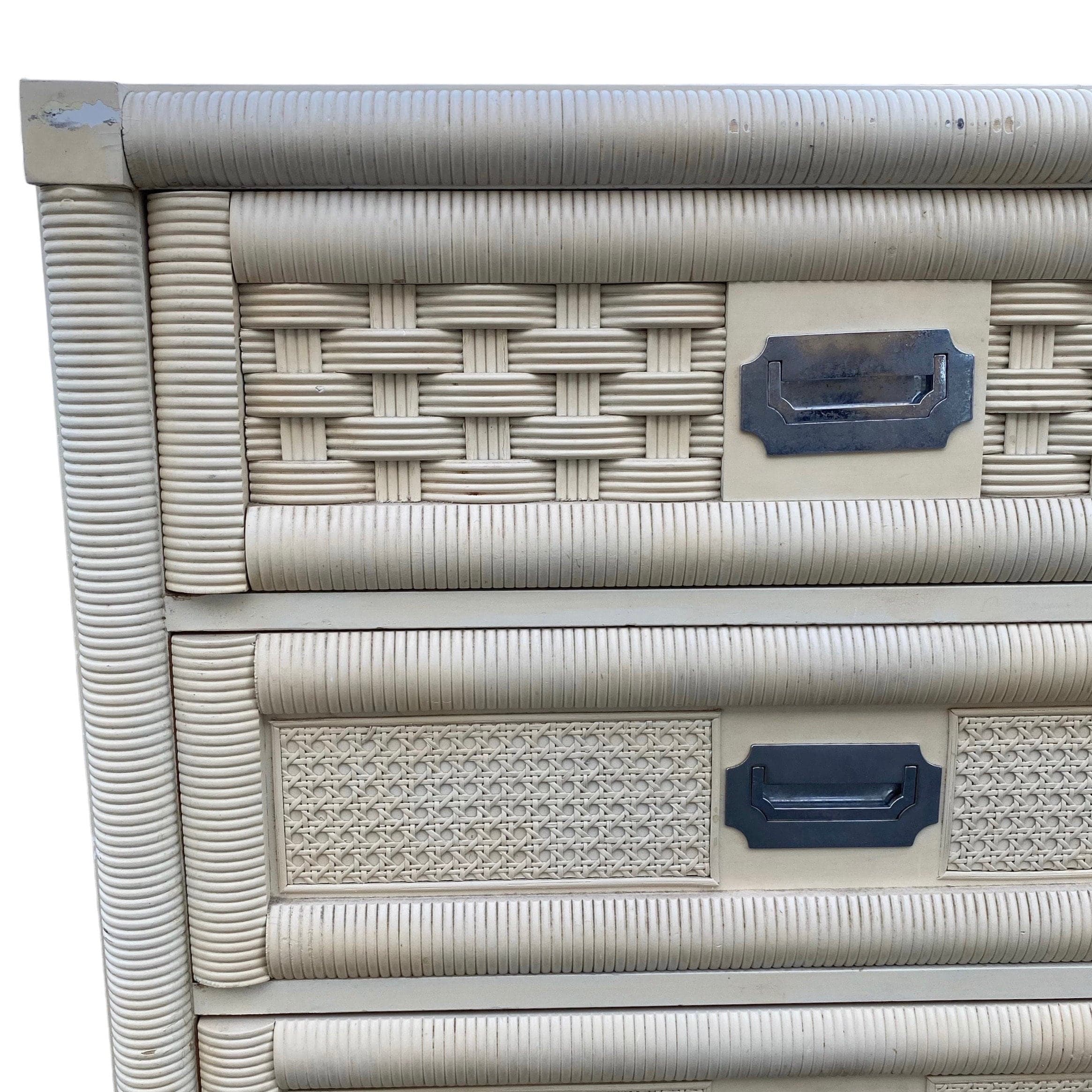 Rattan Nightstand by Dixie Wicker Weve with 3 Drawers 30" Tall - Vintage Creamy White Cane Coastal Bamboo Campaign Boho Chic Style Chest - Thumbnail 2