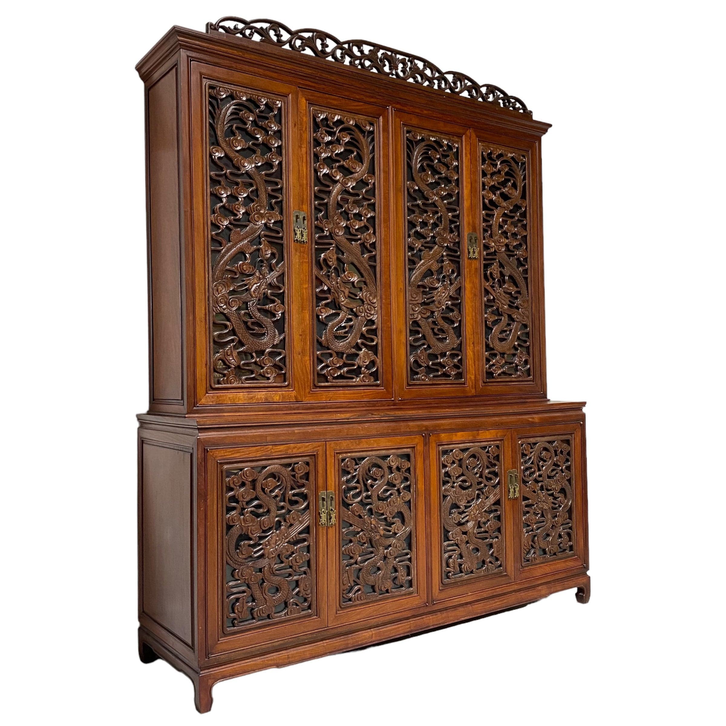 Vintage Rosewood China Cabinet - Hand Carved Fire Dragons, Asian Brass Hardware, Glass Doors, Oriental Display Hutch, Rare Chinese Furniture - Thumbnail 10