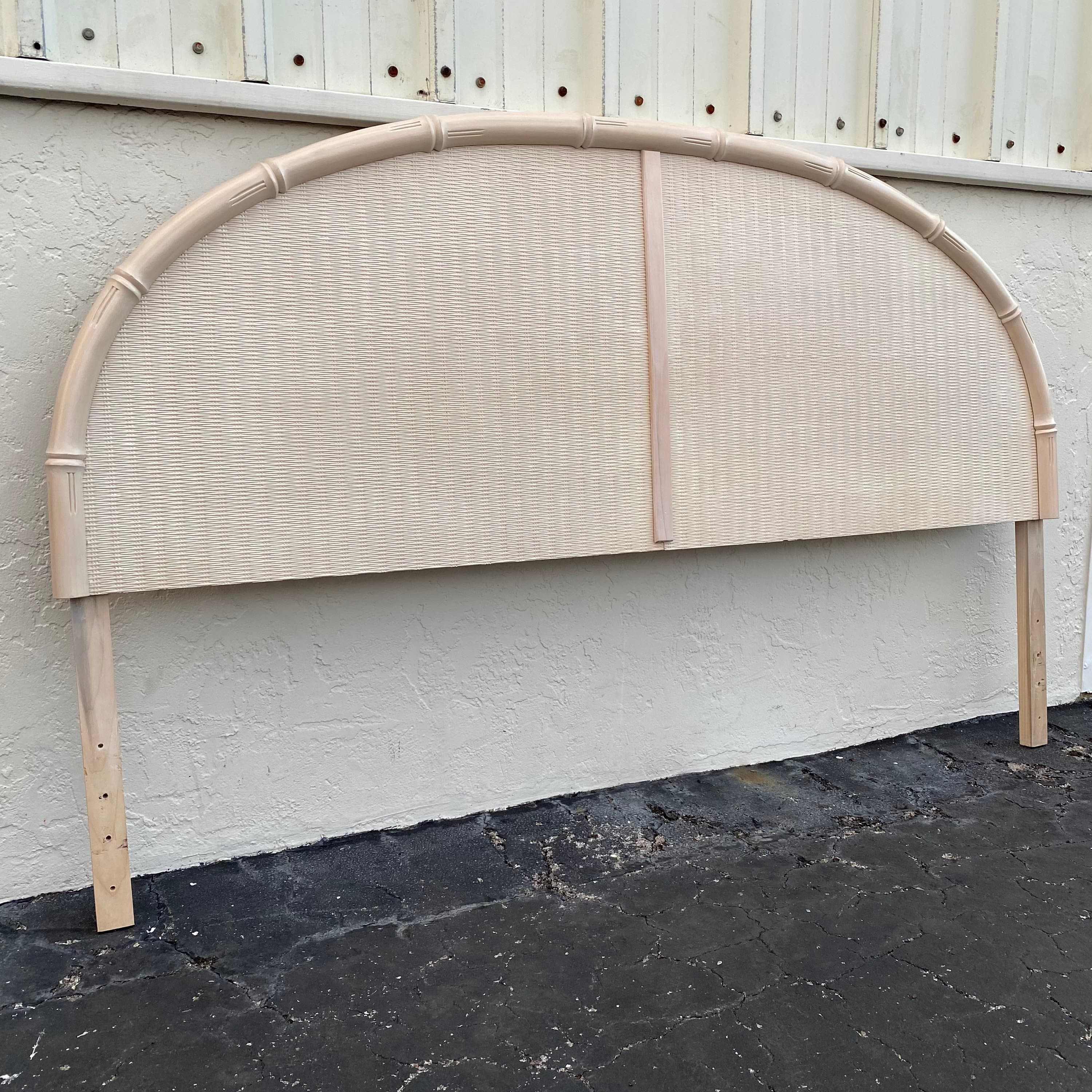 Vintage King Headboard with Faux Bamboo & Rattan - White Wash Wood Half Moon Style Coastal Bedroom Furniture - Thumbnail 6