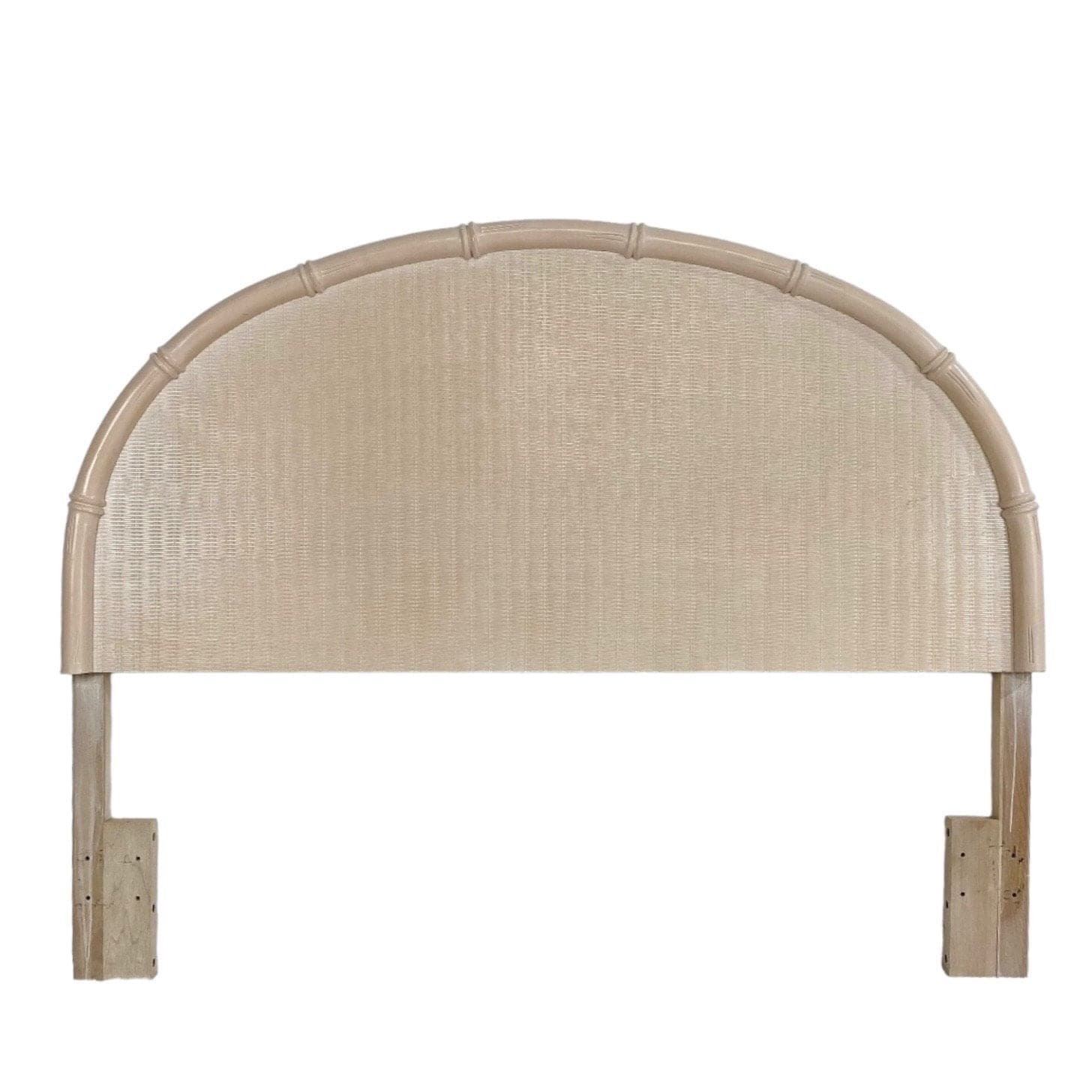 Queen Headboard with Faux Bamboo & Rattan Wicker by Broyhill - Whitewash Wooden Arched Curved Half Moon Style Coastal Full Bedroom Furniture - Image 1