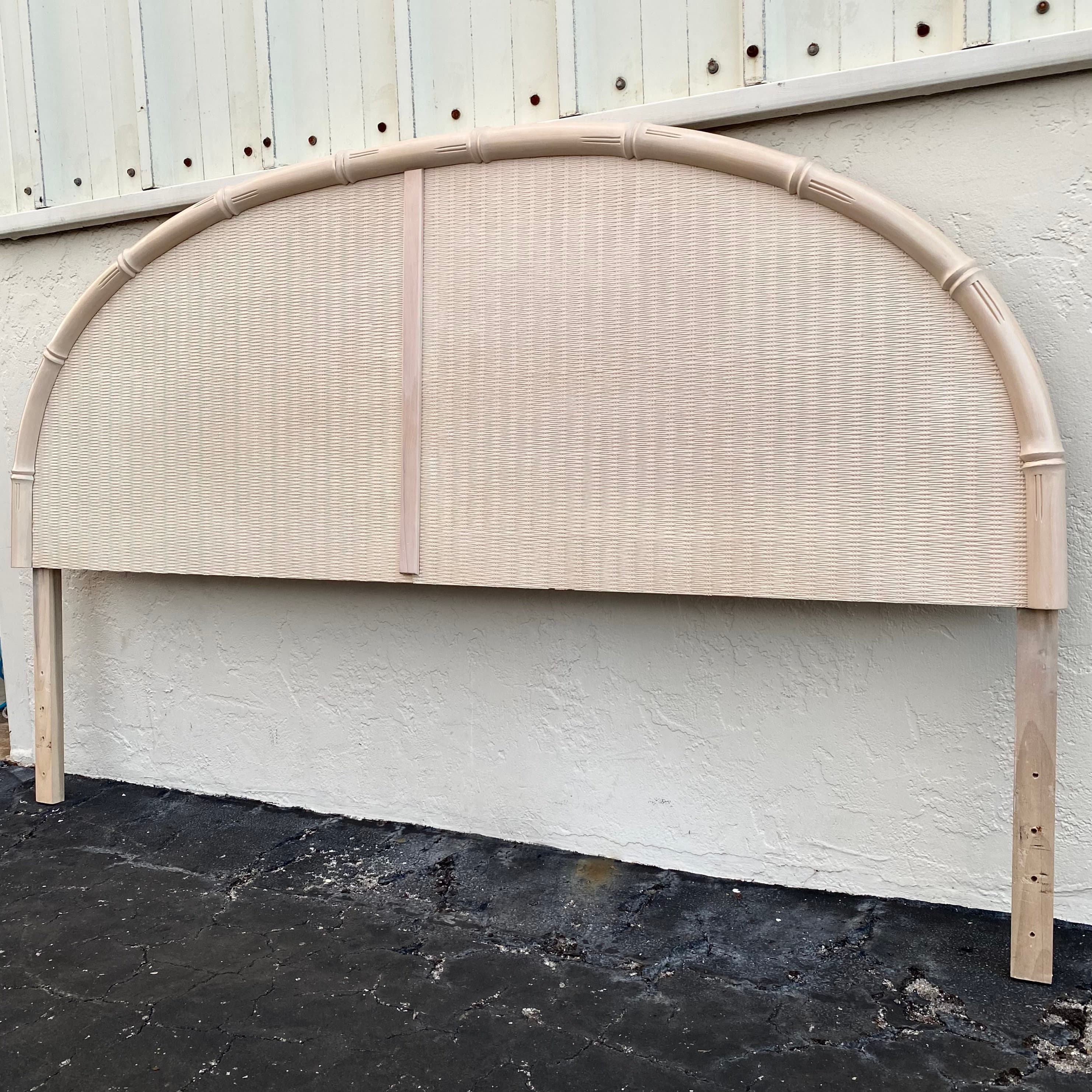 Vintage King Headboard with Faux Bamboo & Rattan - White Wash Wood Half Moon Style Coastal Bedroom Furniture - Thumbnail 2
