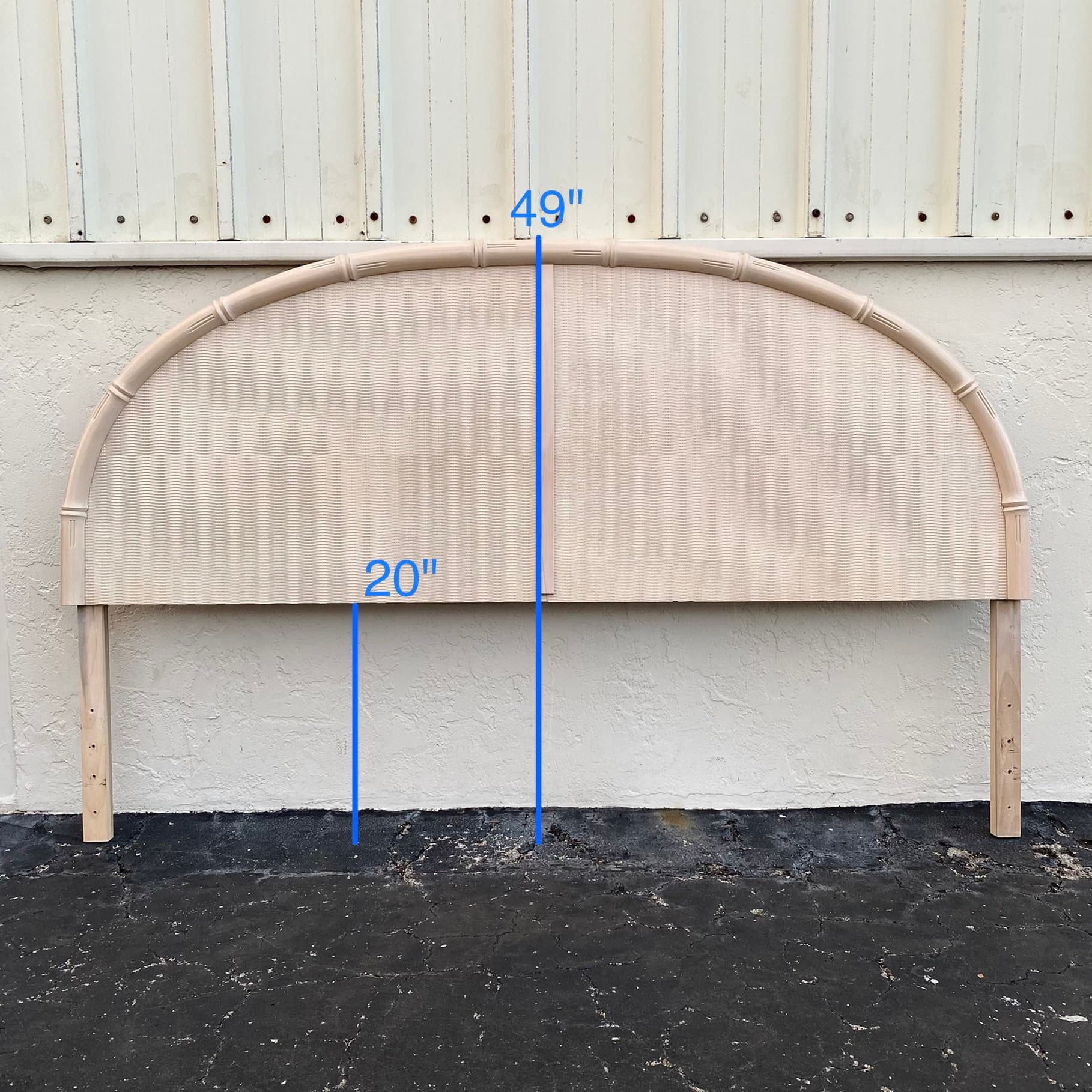 Vintage King Headboard with Faux Bamboo & Rattan - White Wash Wood Half Moon Style Coastal Bedroom Furniture - Thumbnail 9