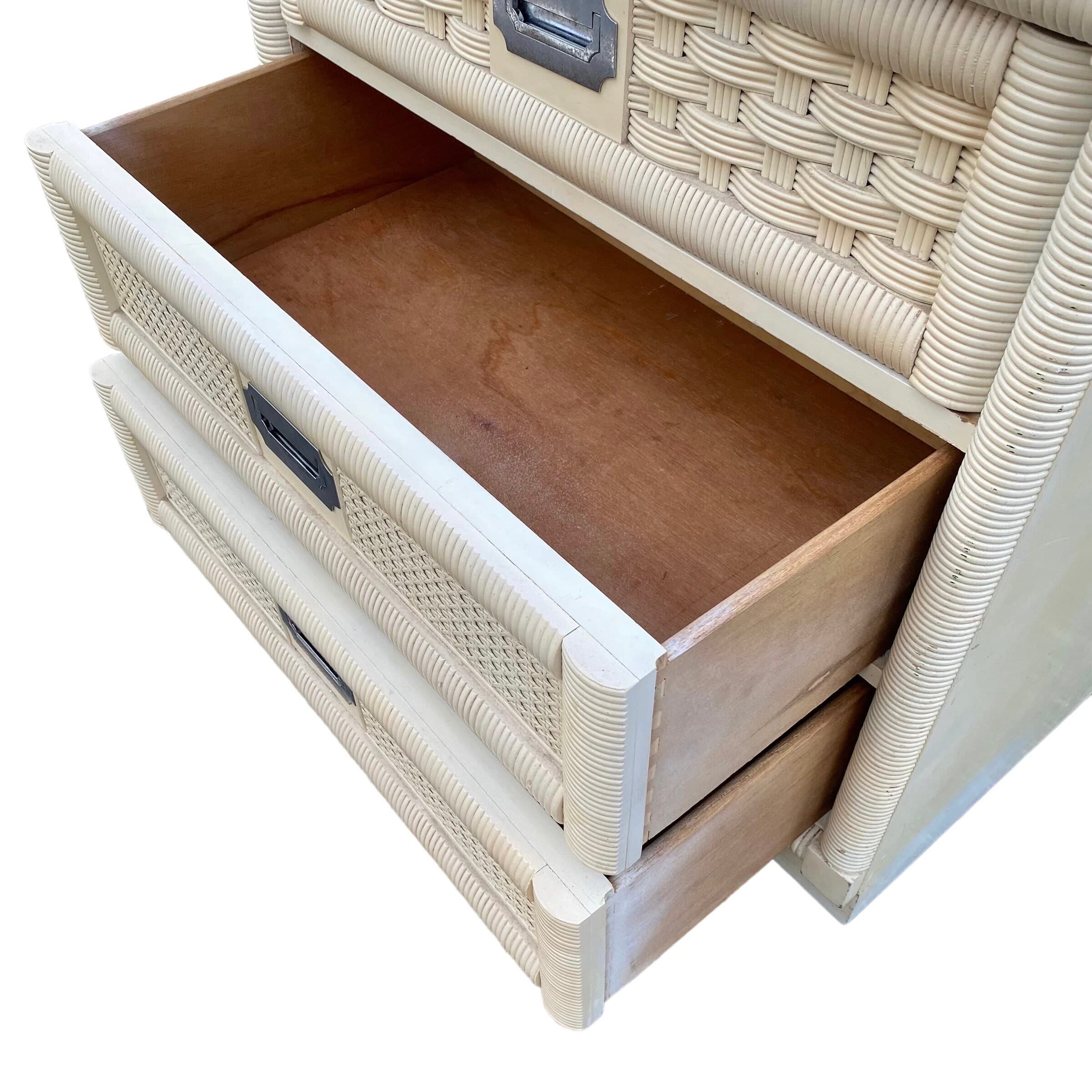 Rattan Nightstand by Dixie Wicker Weve with 3 Drawers 30" Tall - Vintage Creamy White Cane Coastal Bamboo Campaign Boho Chic Style Chest - Thumbnail 5