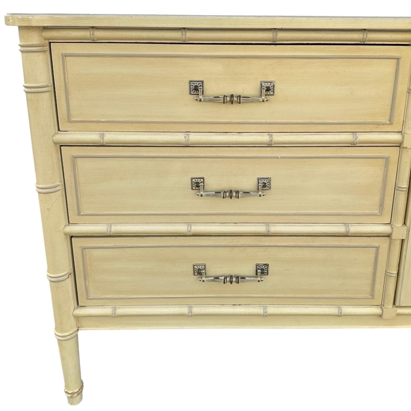 Faux Bamboo Dresser by Henry Link Bali Hai 70" Long Vintage Creamy White Shutter Louver Door Hollywood Regency Coastal 9 Drawer Credenza - Thumbnail 2