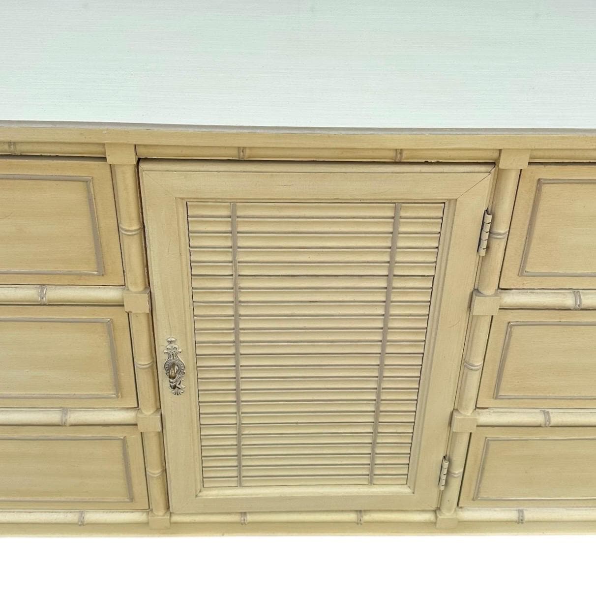Faux Bamboo Dresser by Henry Link Bali Hai 70" Long Vintage Creamy White Shutter Louver Door Hollywood Regency Coastal 9 Drawer Credenza - Thumbnail 4