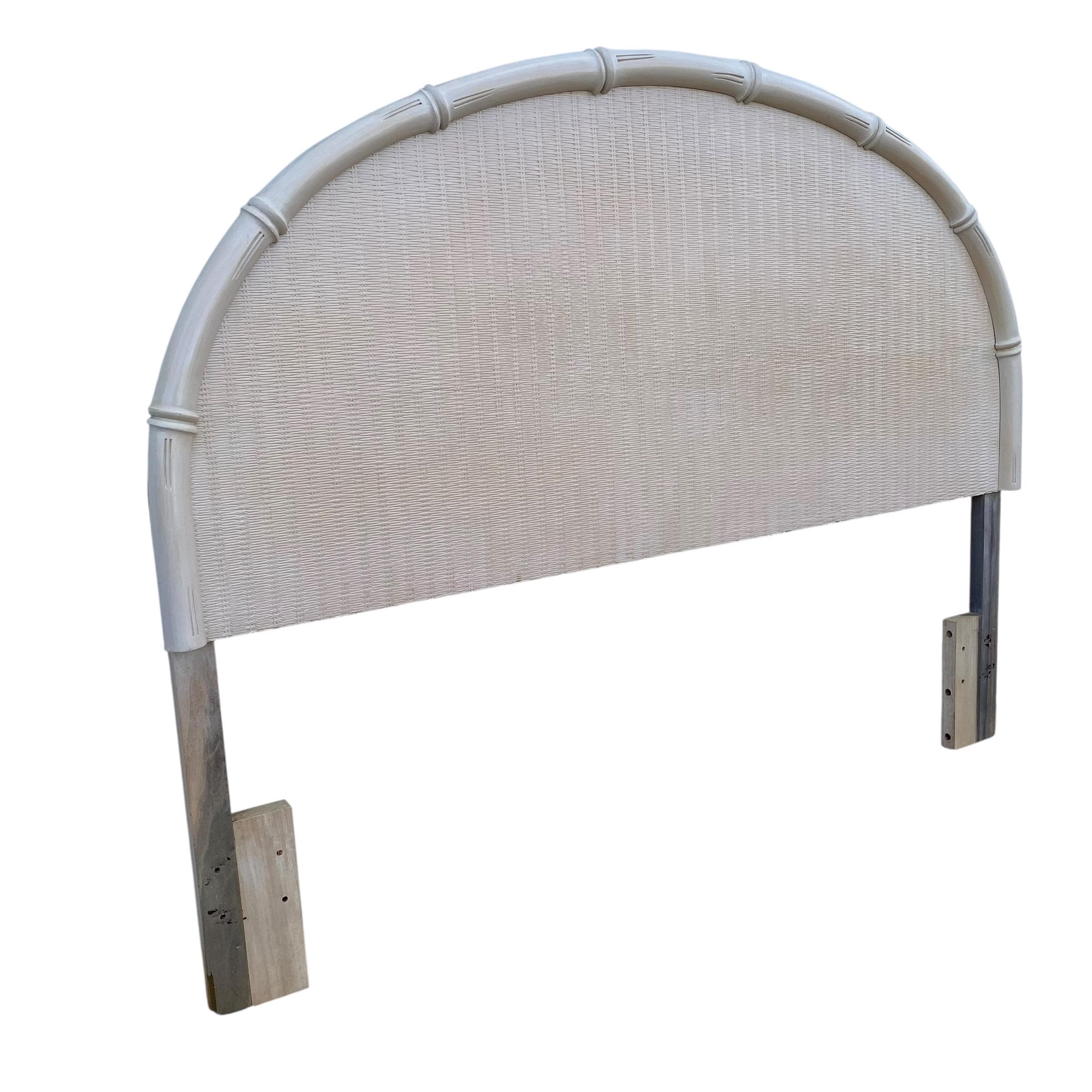 Queen Headboard with Faux Bamboo & Rattan Wicker by Broyhill - Whitewash Wooden Arched Curved Half Moon Style Coastal Full Bedroom Furniture - Thumbnail 7