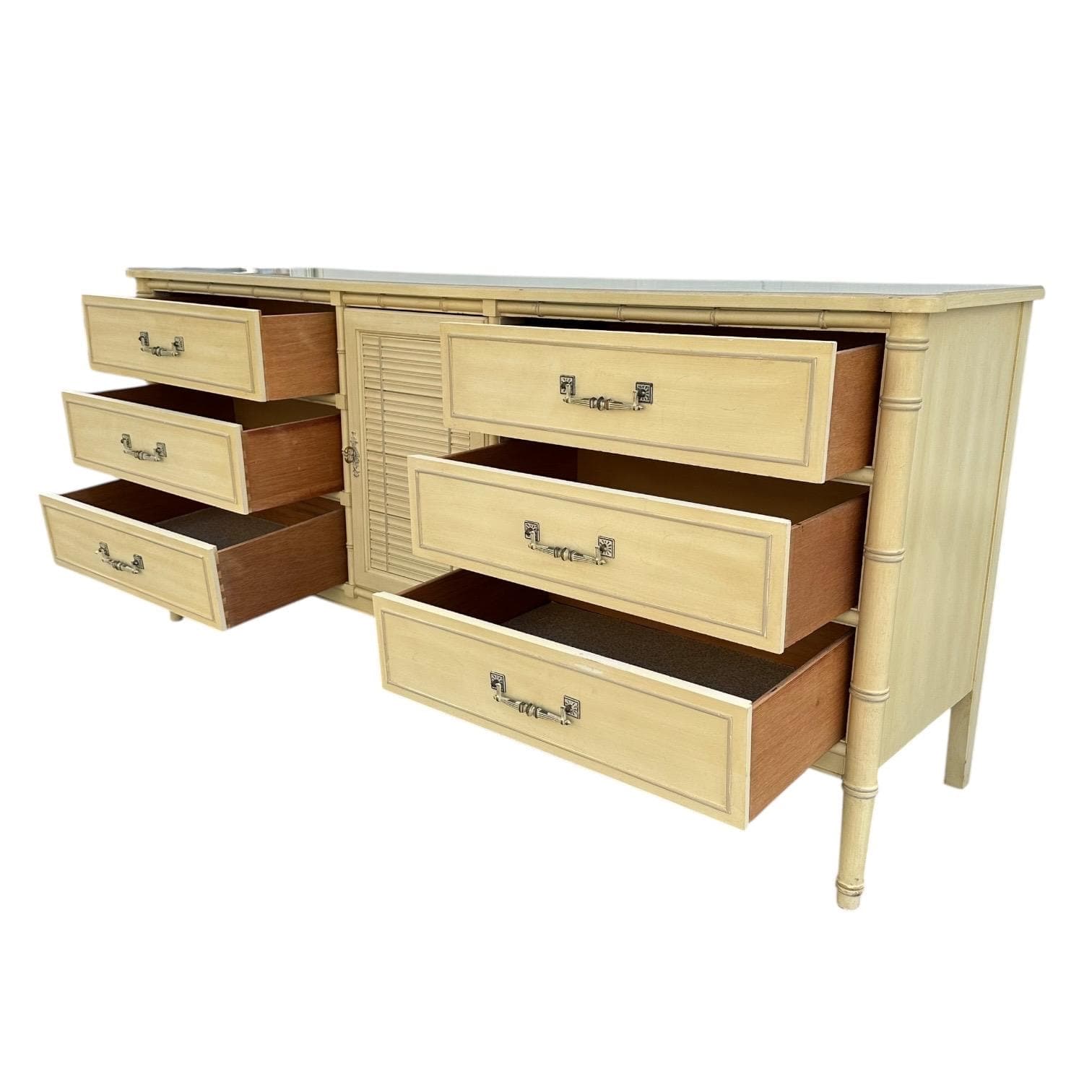 Faux Bamboo Dresser by Henry Link Bali Hai 70" Long Vintage Creamy White Shutter Louver Door Hollywood Regency Coastal 9 Drawer Credenza - Thumbnail 7