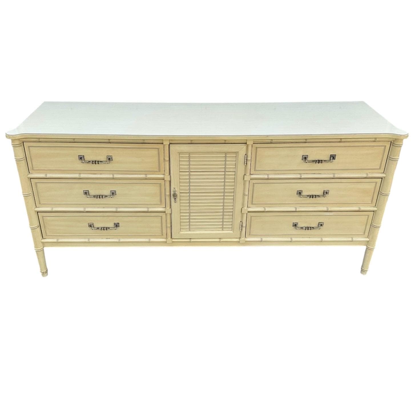 Faux Bamboo Dresser by Henry Link Bali Hai 70" Long Vintage Creamy White Shutter Louver Door Hollywood Regency Coastal 9 Drawer Credenza - Thumbnail 10