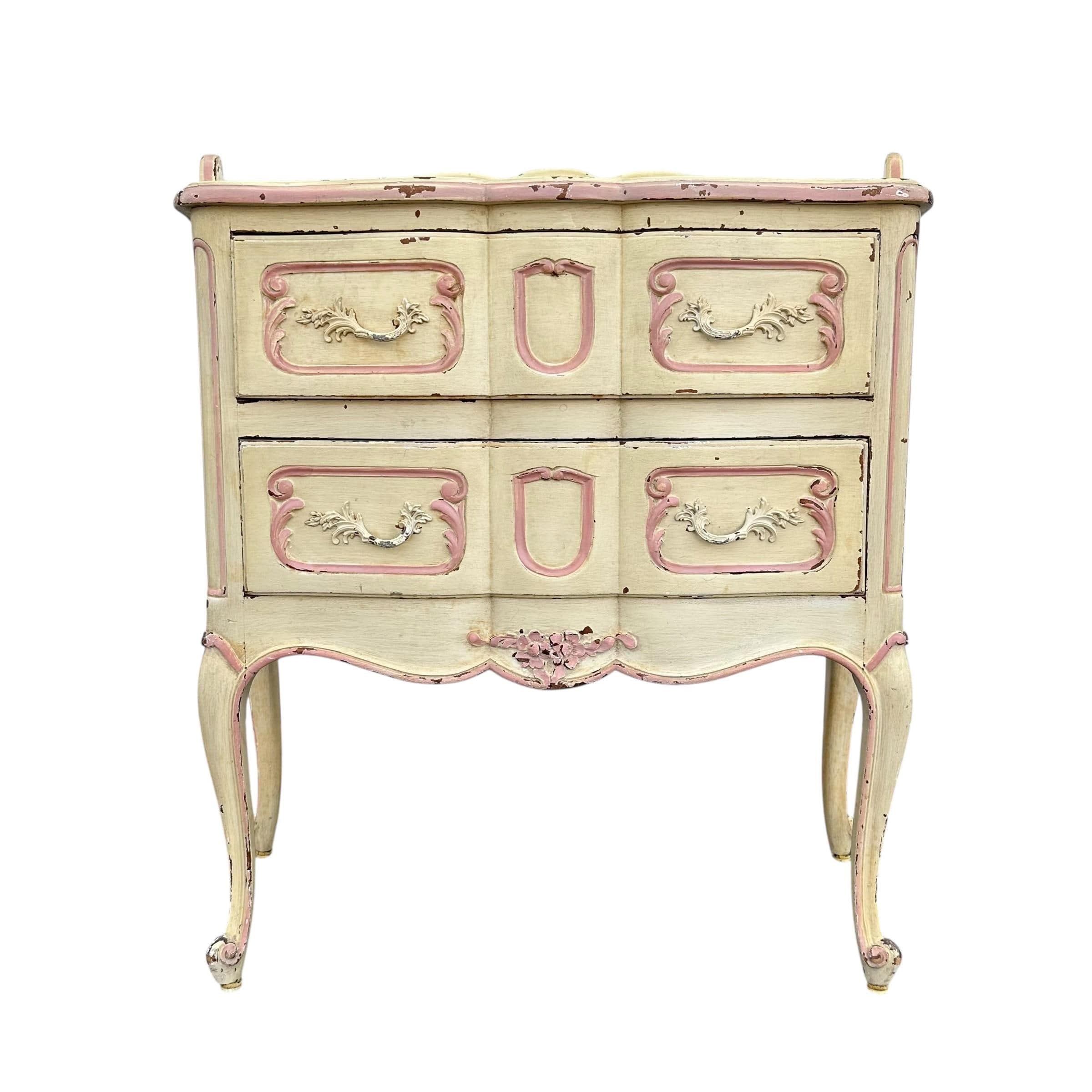 Vintage Romantic Nightstand - Distressed Pink & Creamy White Louis XV Wood Commode - French Provincial Shabby Chic Chest with Cabriole Legs - Image 1