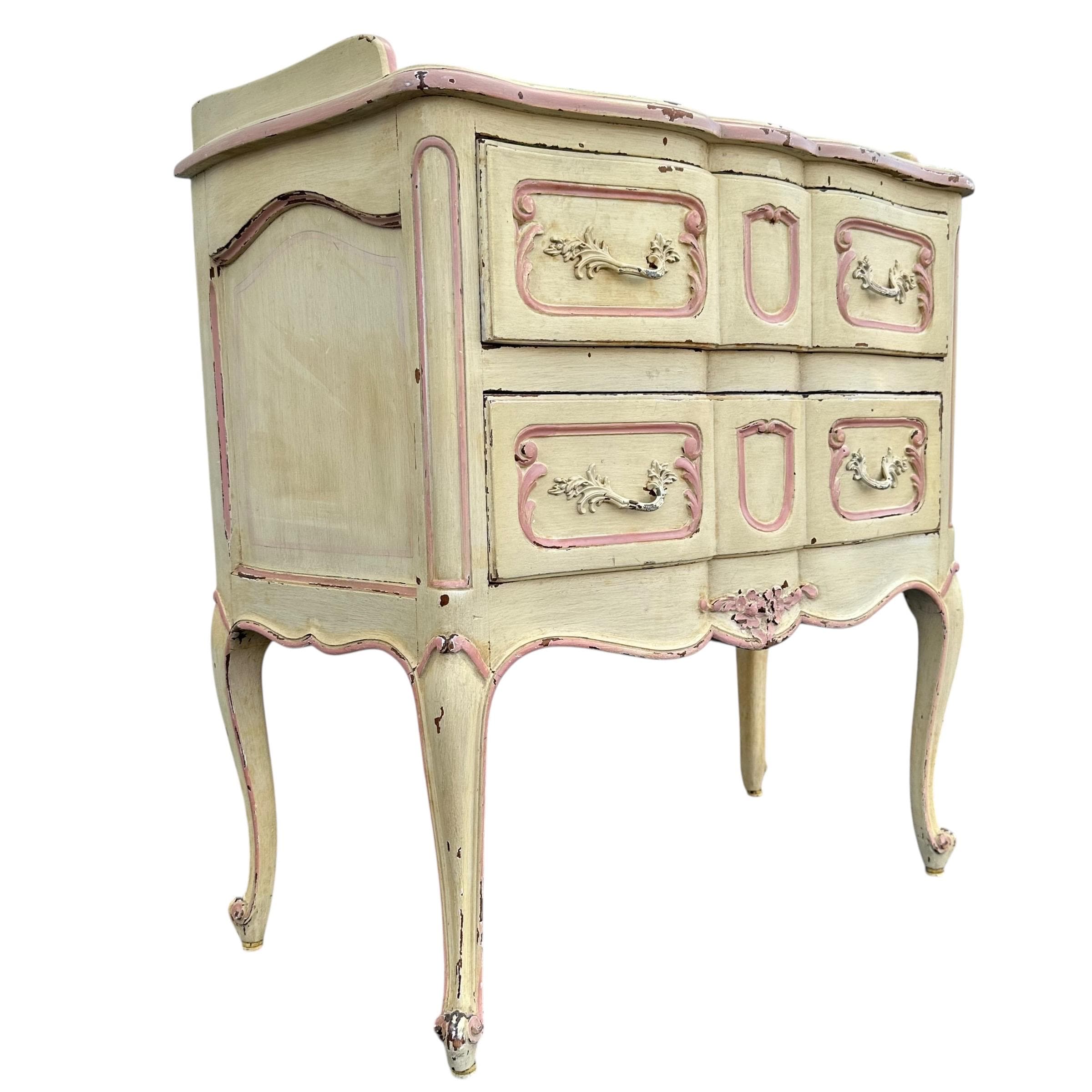 Vintage Romantic Nightstand - Distressed Pink & Creamy White Louis XV Wood Commode - French Provincial Shabby Chic Chest with Cabriole Legs - Thumbnail 2
