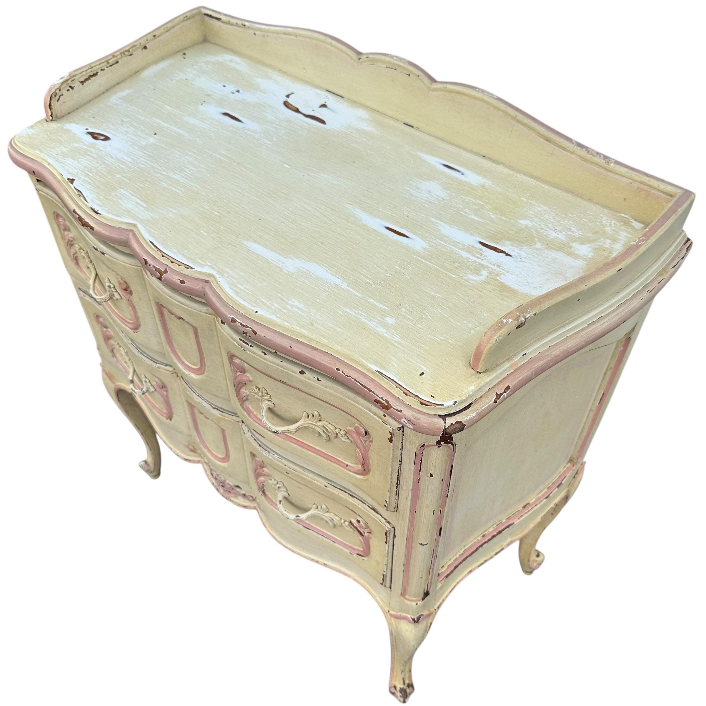 Vintage Romantic Nightstand - Distressed Pink & Creamy White Louis XV Wood Commode - French Provincial Shabby Chic Chest with Cabriole Legs - Thumbnail 4