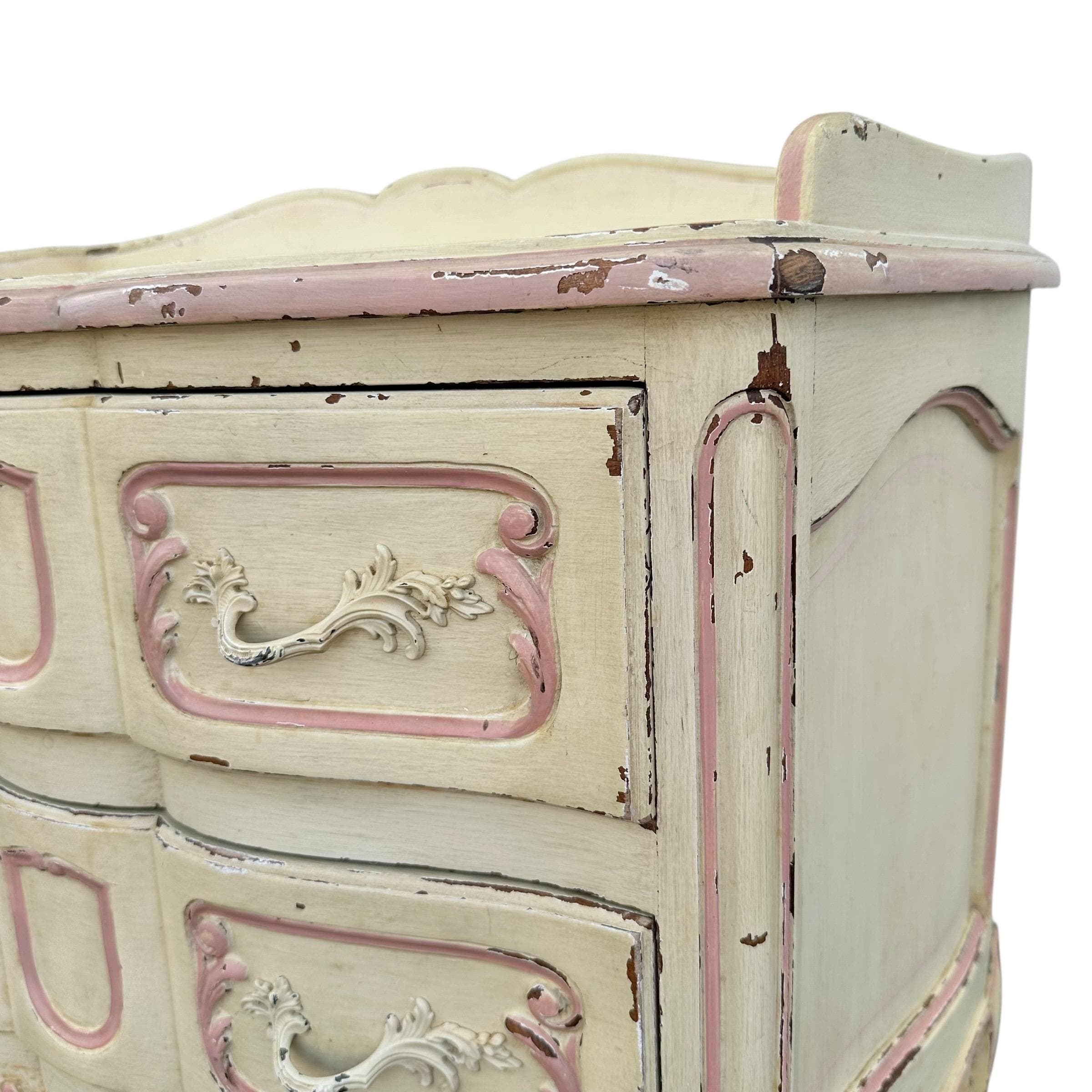Vintage Romantic Nightstand - Distressed Pink & Creamy White Louis XV Wood Commode - French Provincial Shabby Chic Chest with Cabriole Legs - Thumbnail 5