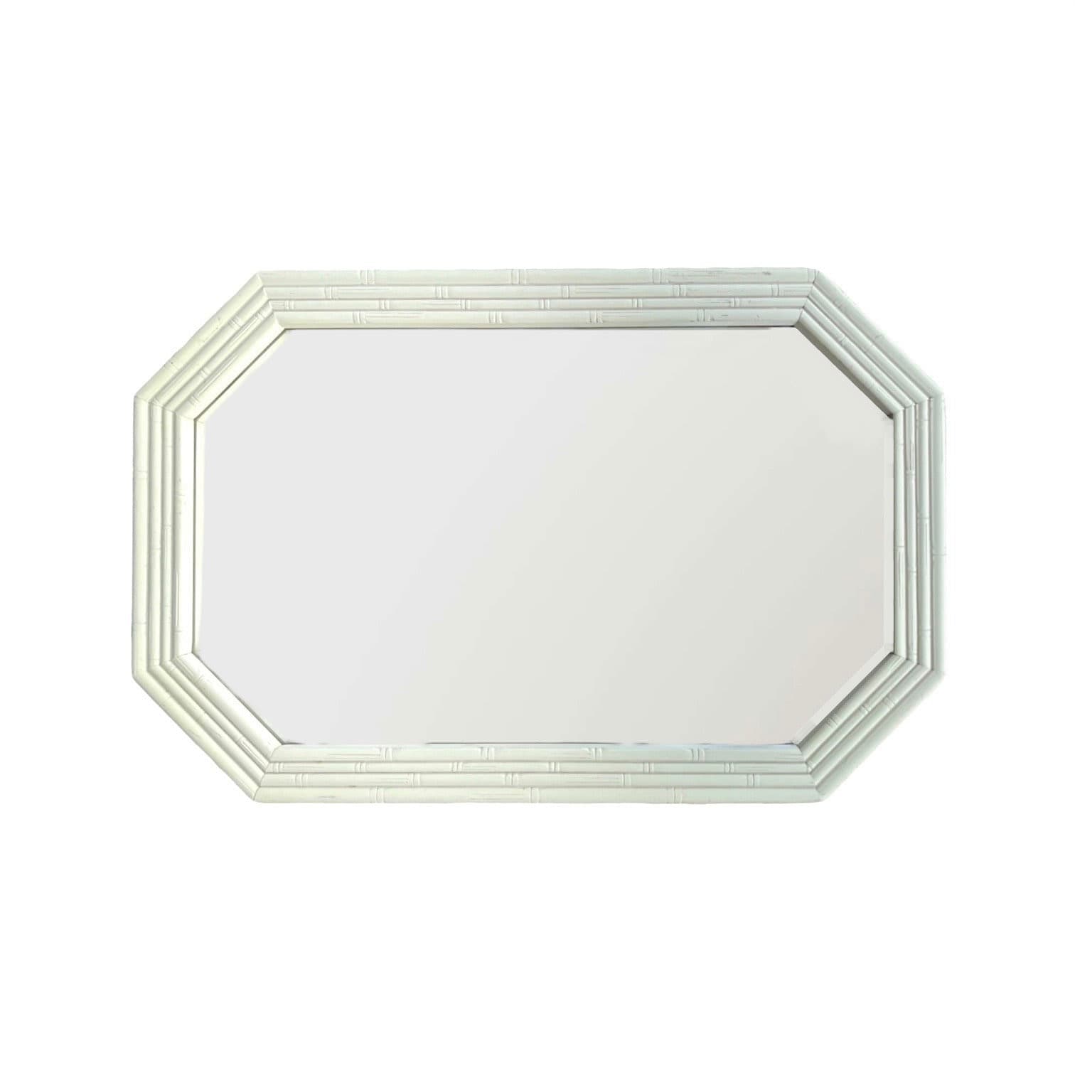 Vintage Faux Bamboo Mirror 27x41 LOCAL PICKUP Octagon Broyhill Creamy White Boho Chic Coastal Hollywood Regency - Thumbnail 2