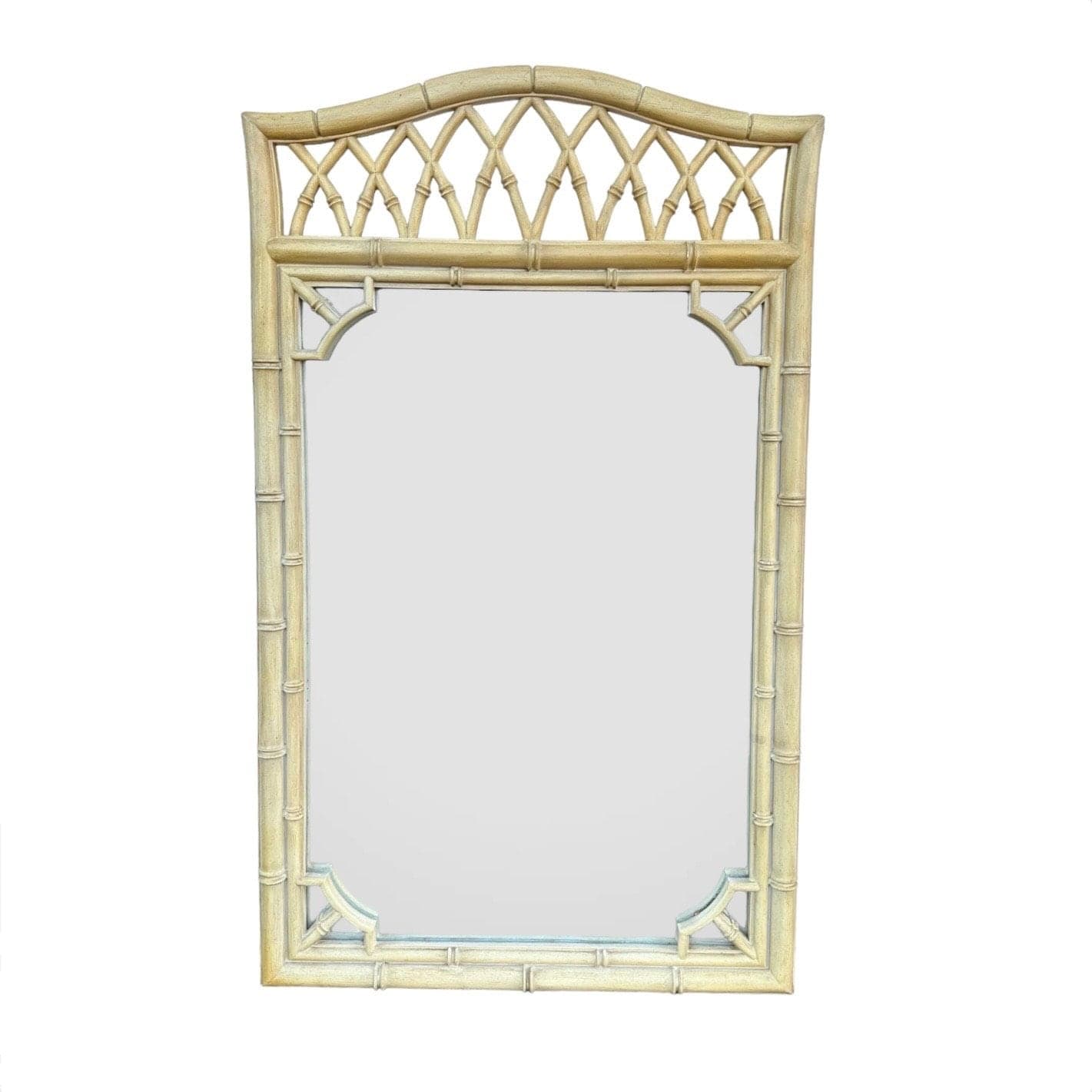 Faux Bamboo Fretwork Mirror 51x31 LOCAL PICKUP Vintage Thomasville Allegro Creamy Yellow Arched Curved Top Coastal Hollywood Regency - Image 1