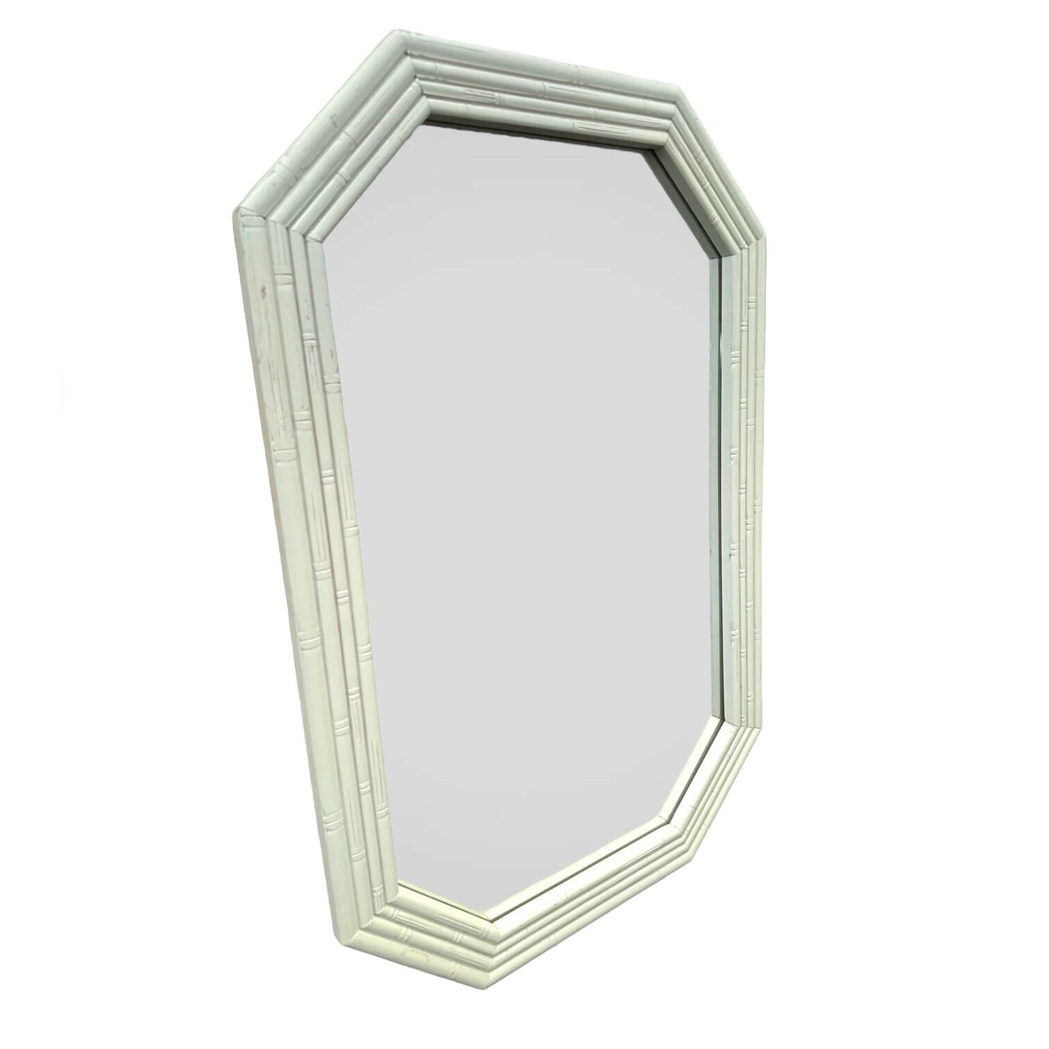 Vintage Faux Bamboo Mirror 41x27 LOCAL PICKUP Octagon Broyhill Creamy White Boho Chic Coastal Hollywood Regency - Thumbnail 5