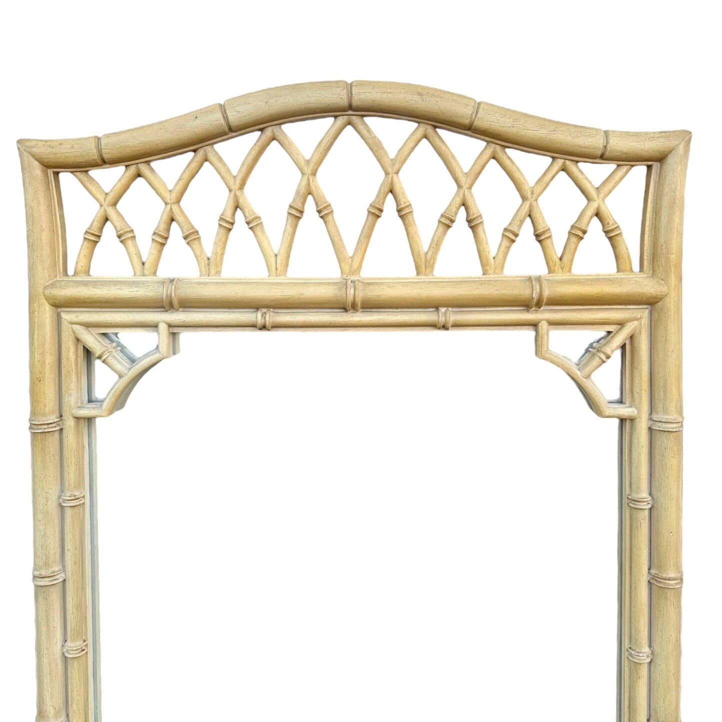 Faux Bamboo Fretwork Mirror 51x31 LOCAL PICKUP Vintage Thomasville Allegro Creamy Yellow Arched Curved Top Coastal Hollywood Regency - Thumbnail 2