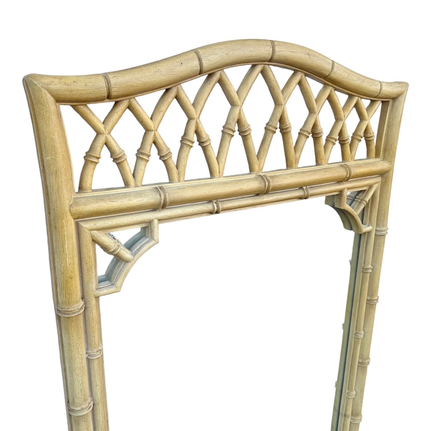 Faux Bamboo Fretwork Mirror 51x31 LOCAL PICKUP Vintage Thomasville Allegro Creamy Yellow Arched Curved Top Coastal Hollywood Regency - Thumbnail 3