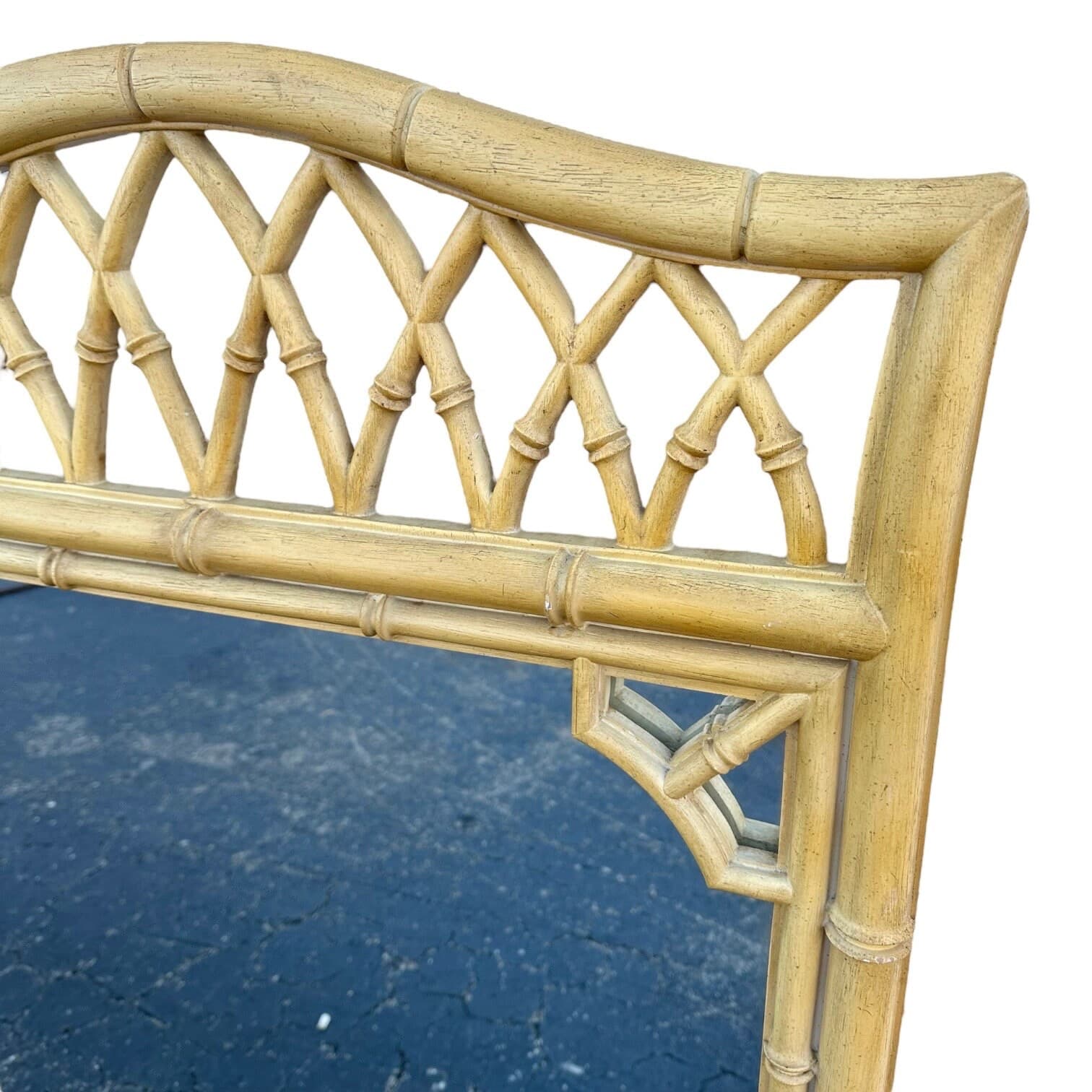 Faux Bamboo Fretwork Mirror 51x31 LOCAL PICKUP Vintage Thomasville Allegro Creamy Yellow Arched Curved Top Coastal Hollywood Regency - Thumbnail 4