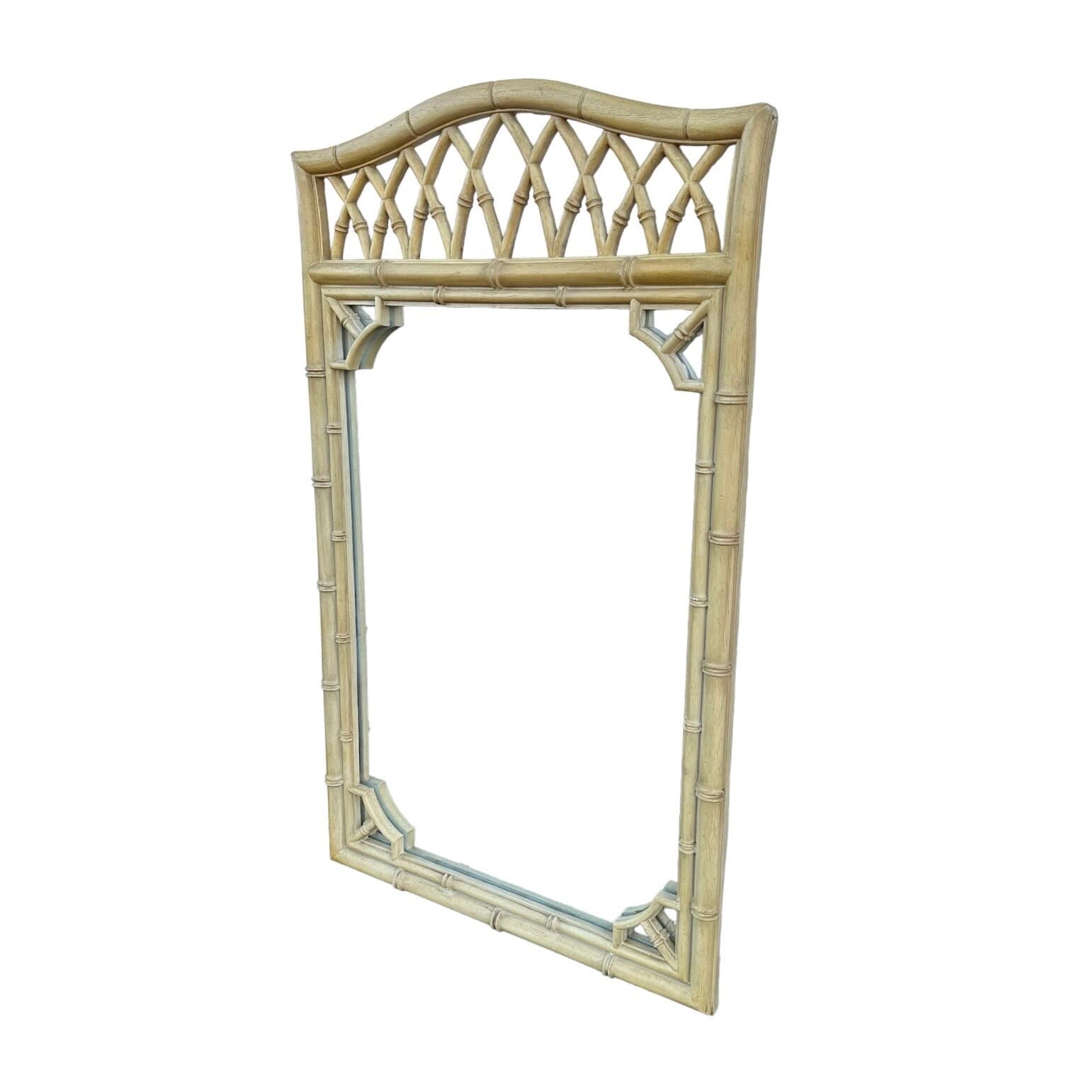 Faux Bamboo Fretwork Mirror 51x31 LOCAL PICKUP Vintage Thomasville Allegro Creamy Yellow Arched Curved Top Coastal Hollywood Regency - Thumbnail 7