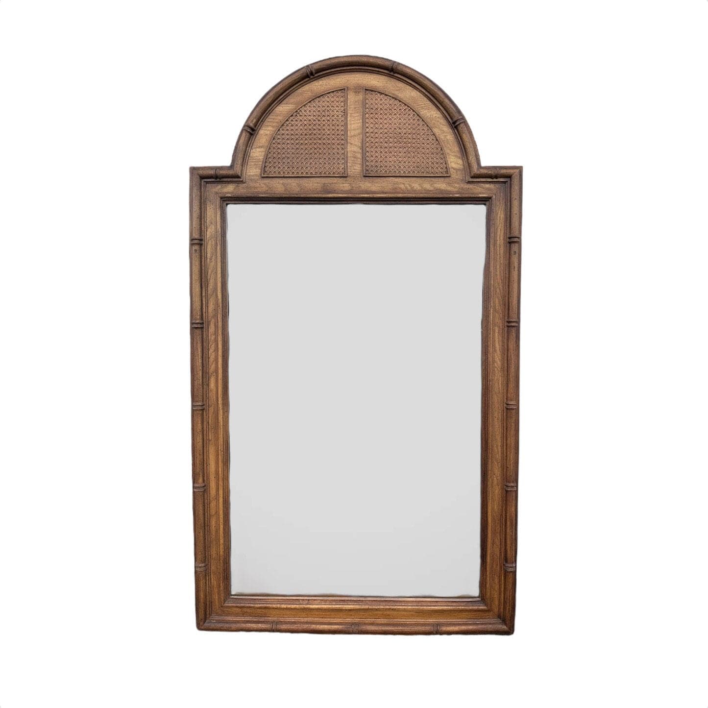 Large Faux Bamboo Mirror 56x32 LOCAL PICKUP Vintage Stanley Arched Curved Top Rattan Cane Coastal Hollywood Regency Boho Chic Wood Style - Image 1
