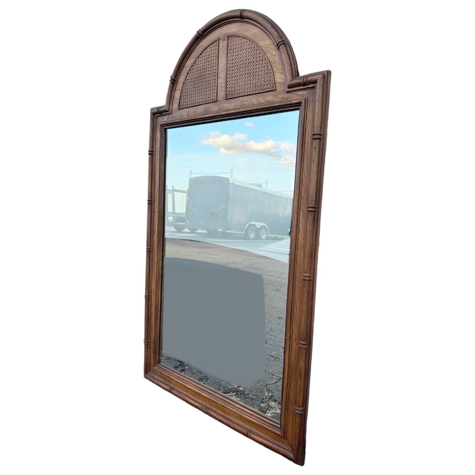 Large Faux Bamboo Mirror 56x32 LOCAL PICKUP Vintage Stanley Arched Curved Top Rattan Cane Coastal Hollywood Regency Boho Chic Wood Style - Thumbnail 5