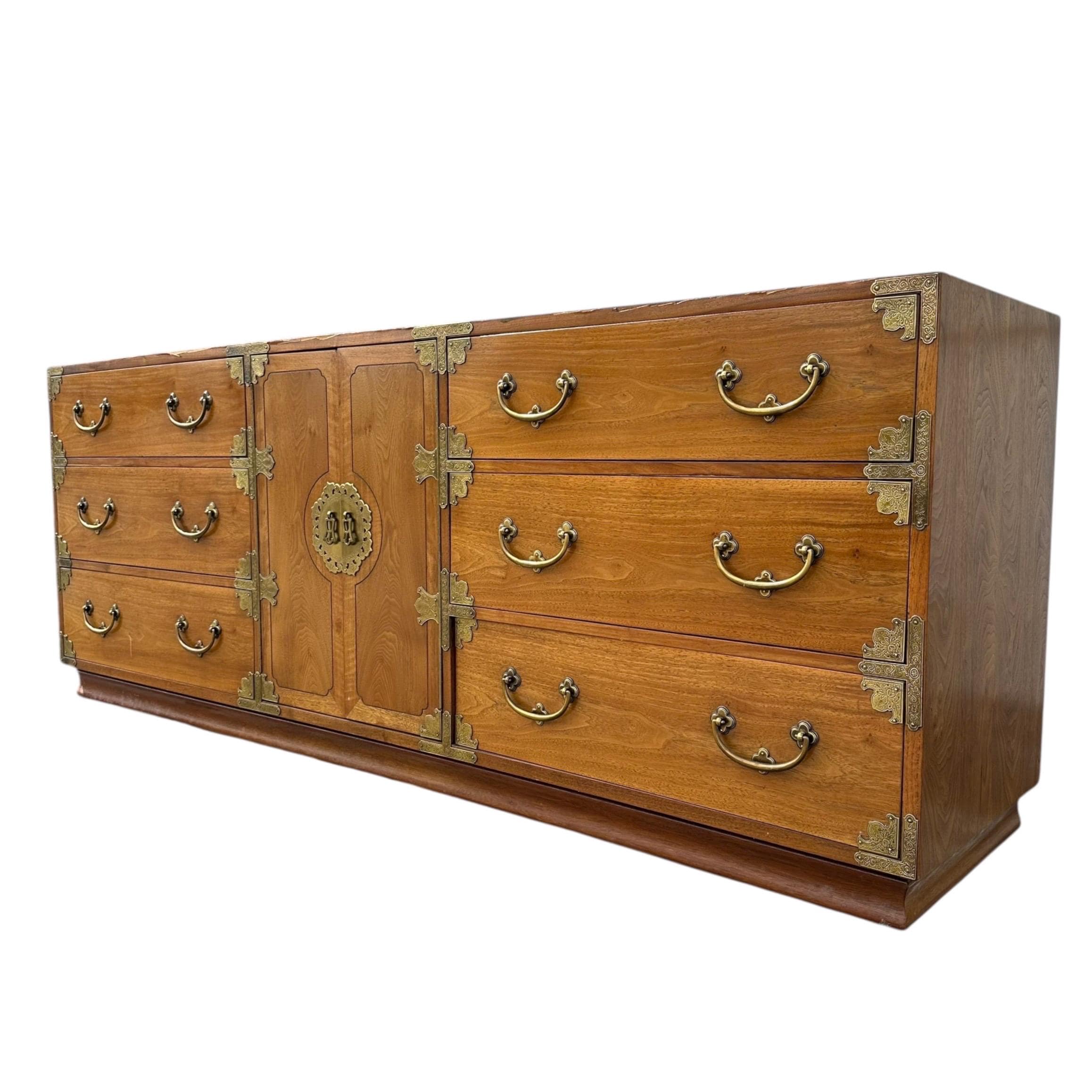 Vintage Henredon Chinoiserie Campaign Dresser Project 80” Long - Hollywood Regency Asian Style 9 Drawer Credenza - Image 1