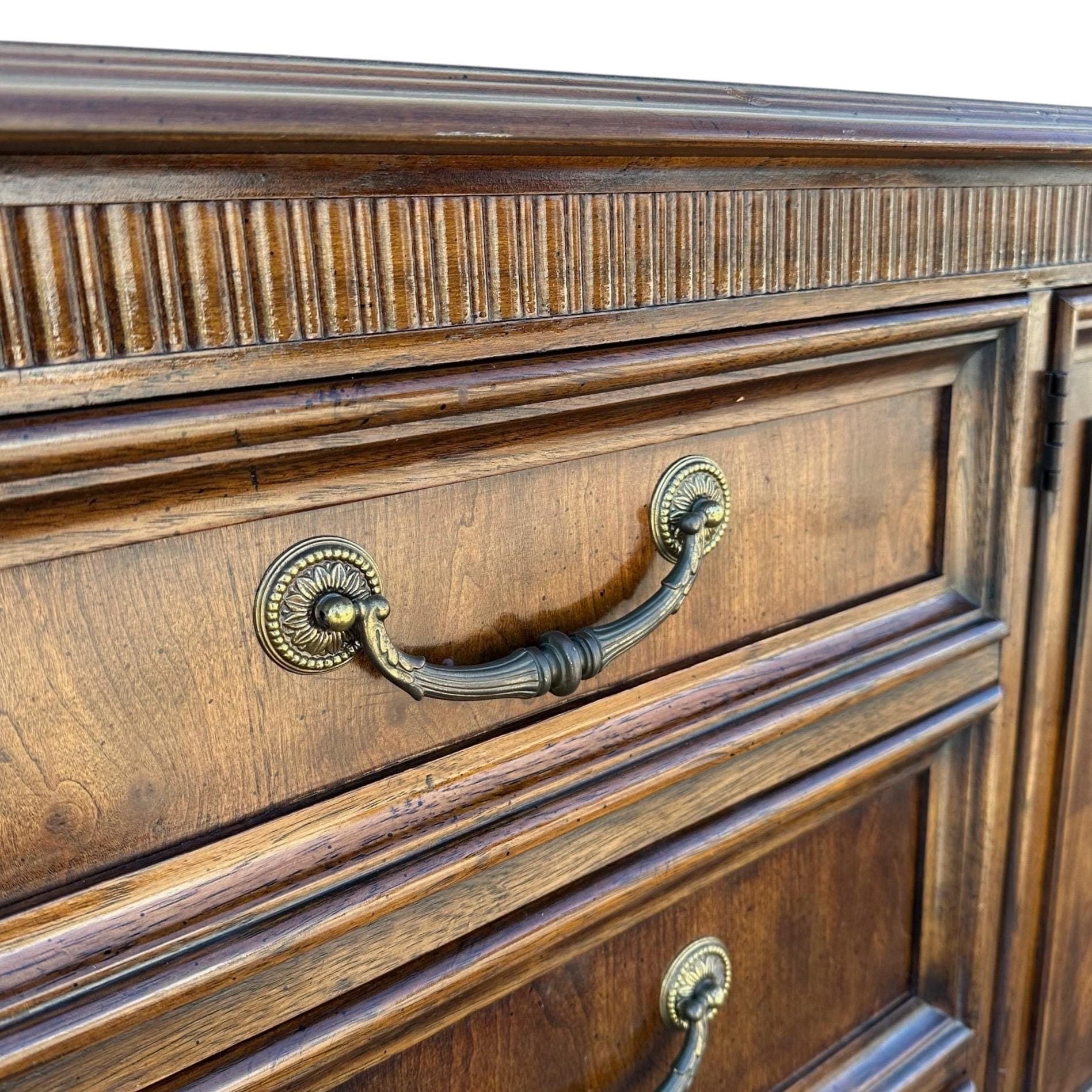 Vintage Drexel Heritage Tryon Manor Dresser 71” English Tudor Style, Solid Wood, Brass Pulls - Thumbnail 3
