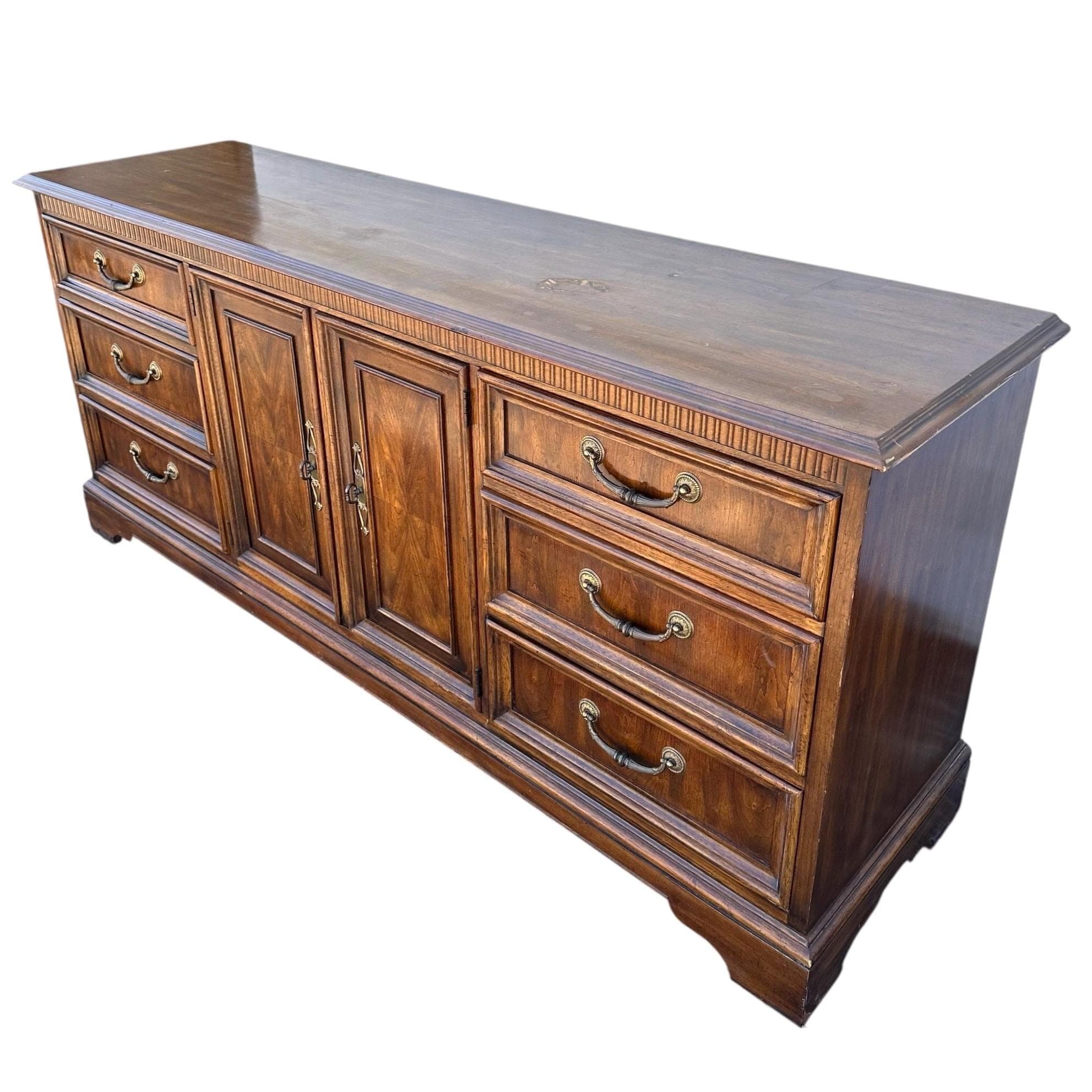 Vintage Drexel Heritage Tryon Manor Dresser 71” English Tudor Style, Solid Wood, Brass Pulls - Thumbnail 5