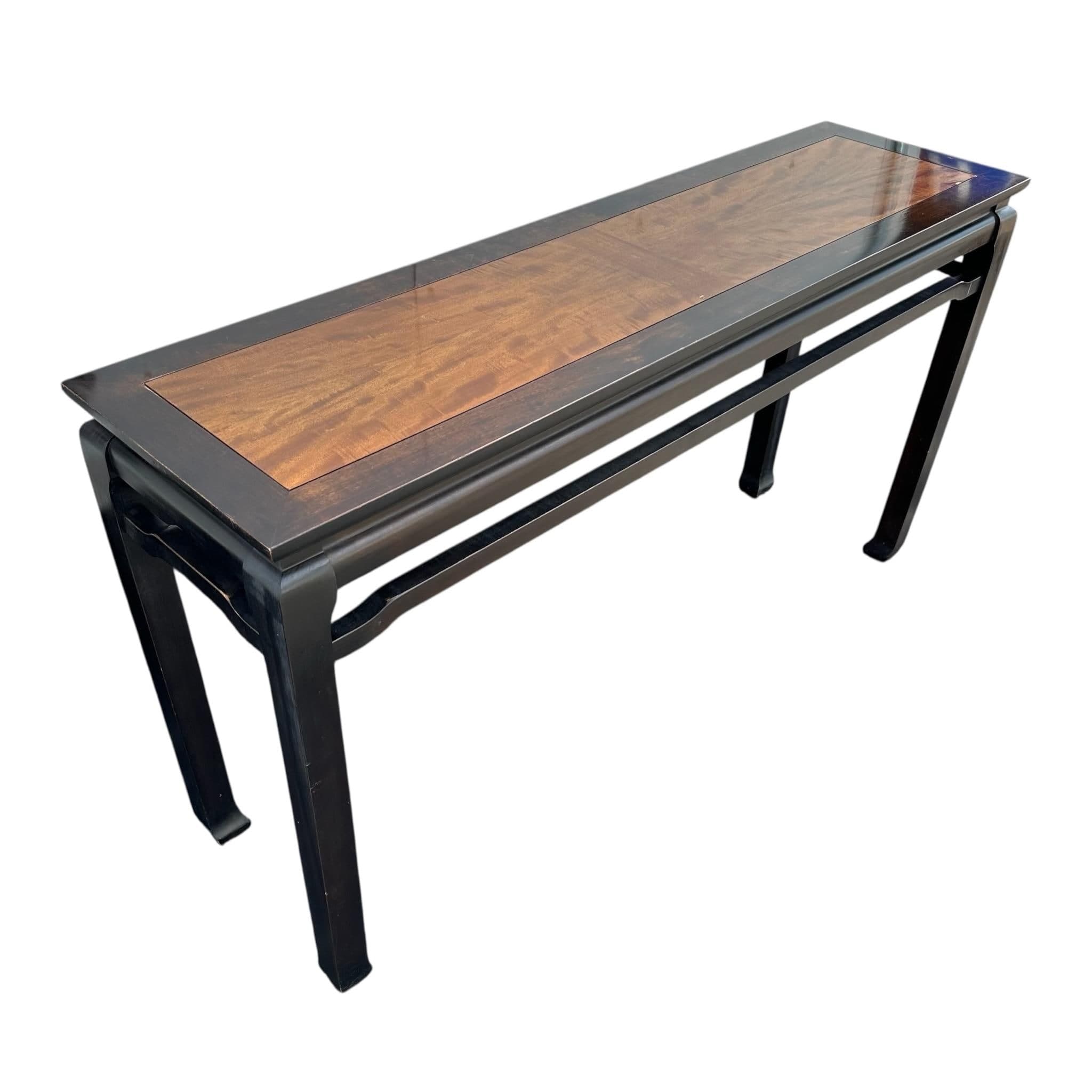 Chinoiserie Console with Ming Style Feet - Vintage Two Tone Black & Wood Asian Sofa or Entry Table - Thumbnail 4