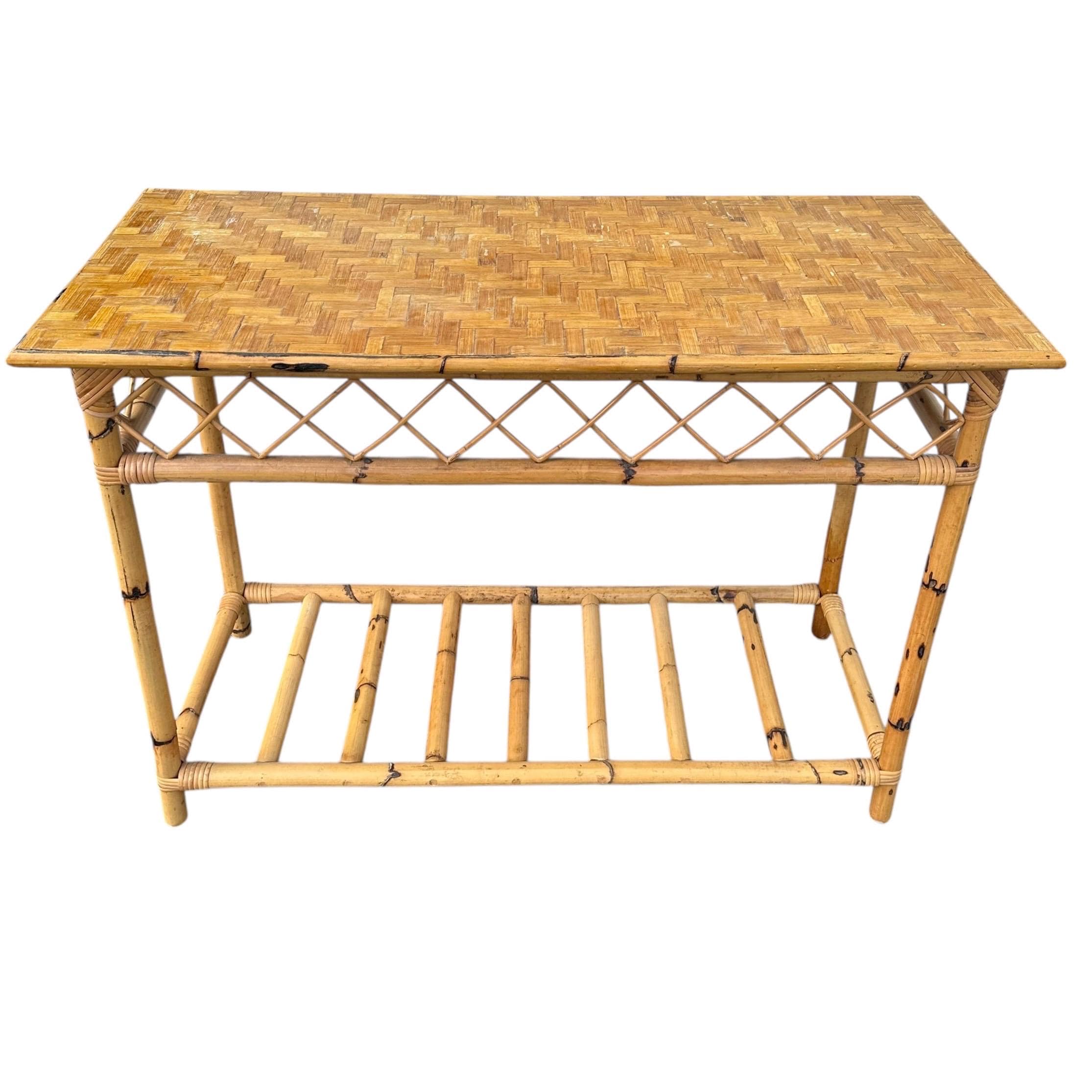 Vintage Bamboo Console Table 43” - Herringbone Rattan Wicker Entry Sofa Hollywood Regency Coastal Boho Chic Furniture - Image 1