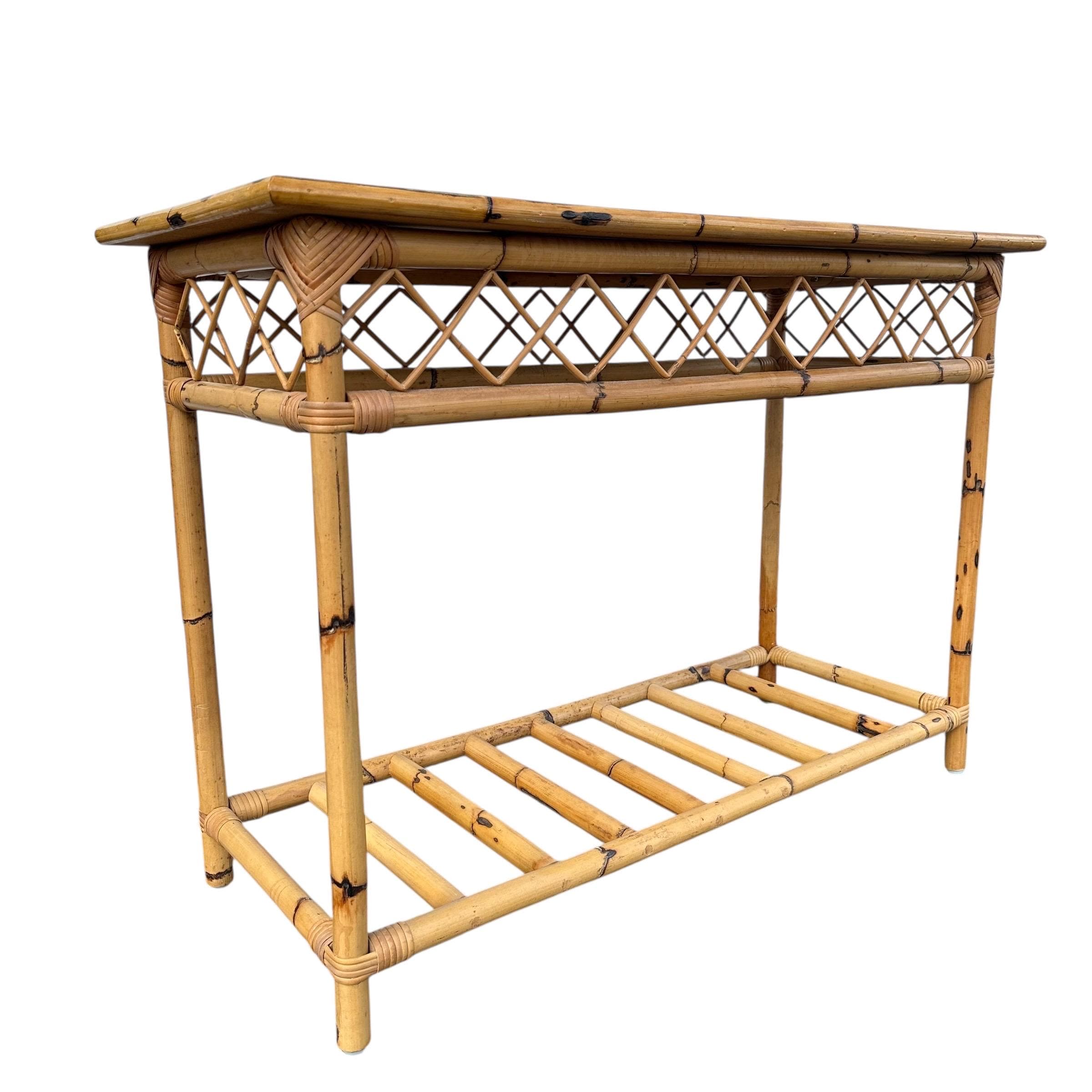 Vintage Bamboo Console Table 43” - Herringbone Rattan Wicker Entry Sofa Hollywood Regency Coastal Boho Chic Furniture - Thumbnail 3
