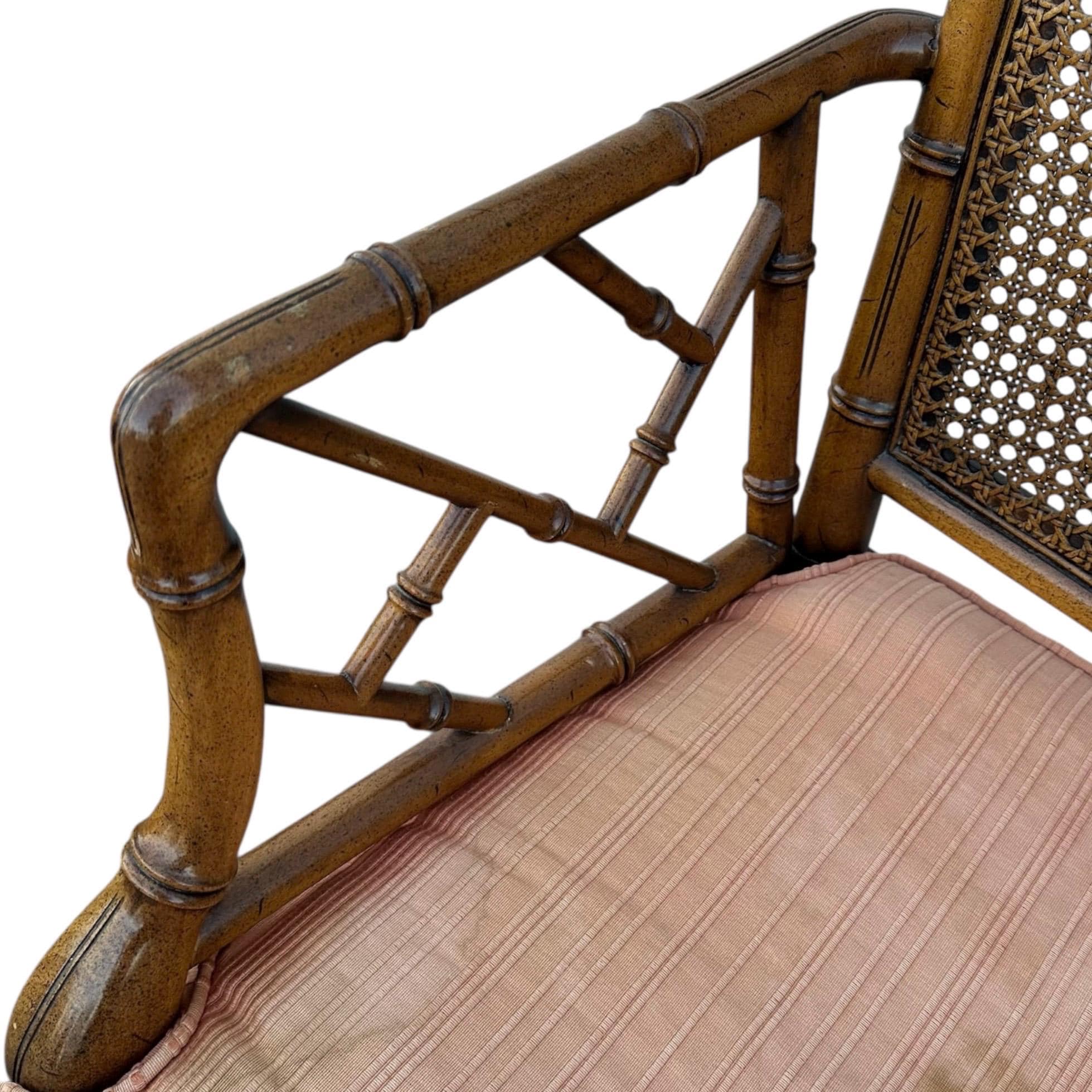 Vintage Chinese Chippendale Arm Chair - Faux Bamboo, Rattan Cane Back, Brown Wood, Hollywood Regency Chinoiserie Fretwork - Thumbnail 3