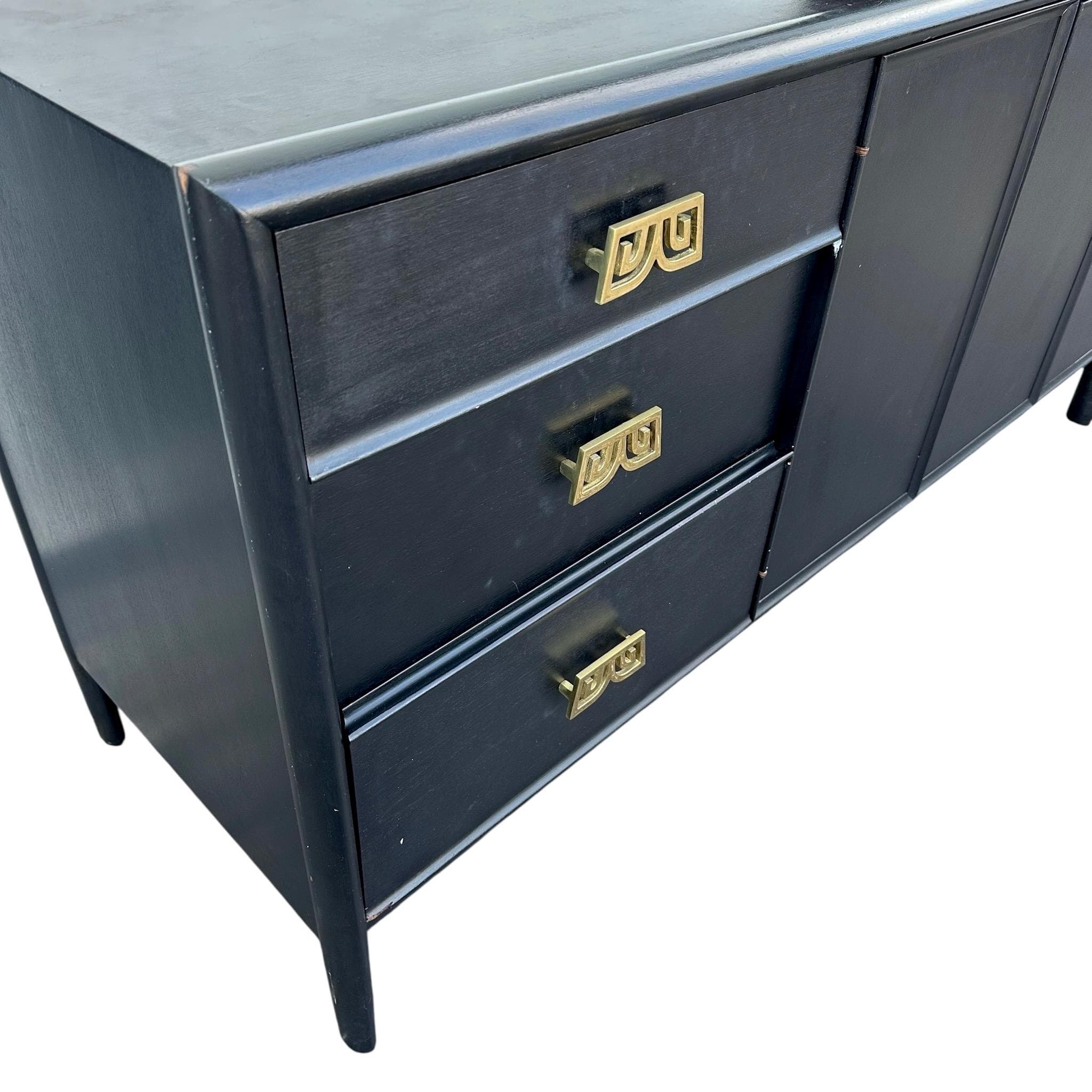 Vintage Drexel Parallel Sideboard - Black Wood, Gold, Chinoiserie MidCentury Asian Oriental Style Credenza Cabinet - Thumbnail 3