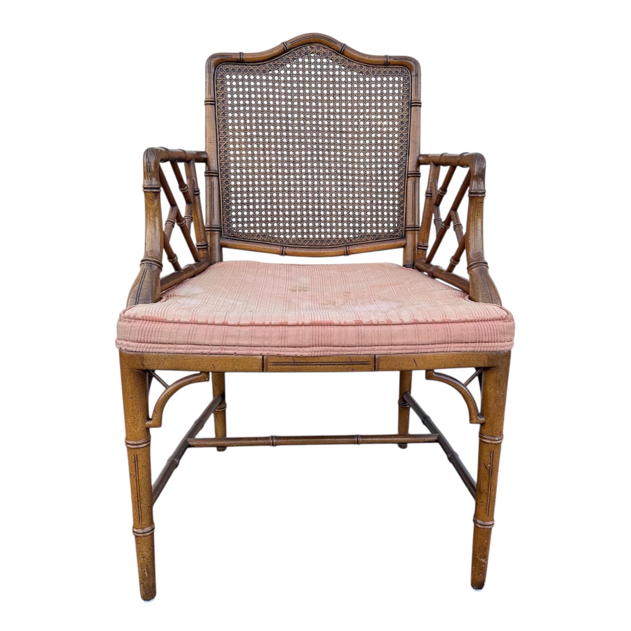 Vintage Chinese Chippendale Arm Chair - Faux Bamboo, Rattan Cane Back, Brown Wood, Hollywood Regency Chinoiserie Fretwork - Image 1